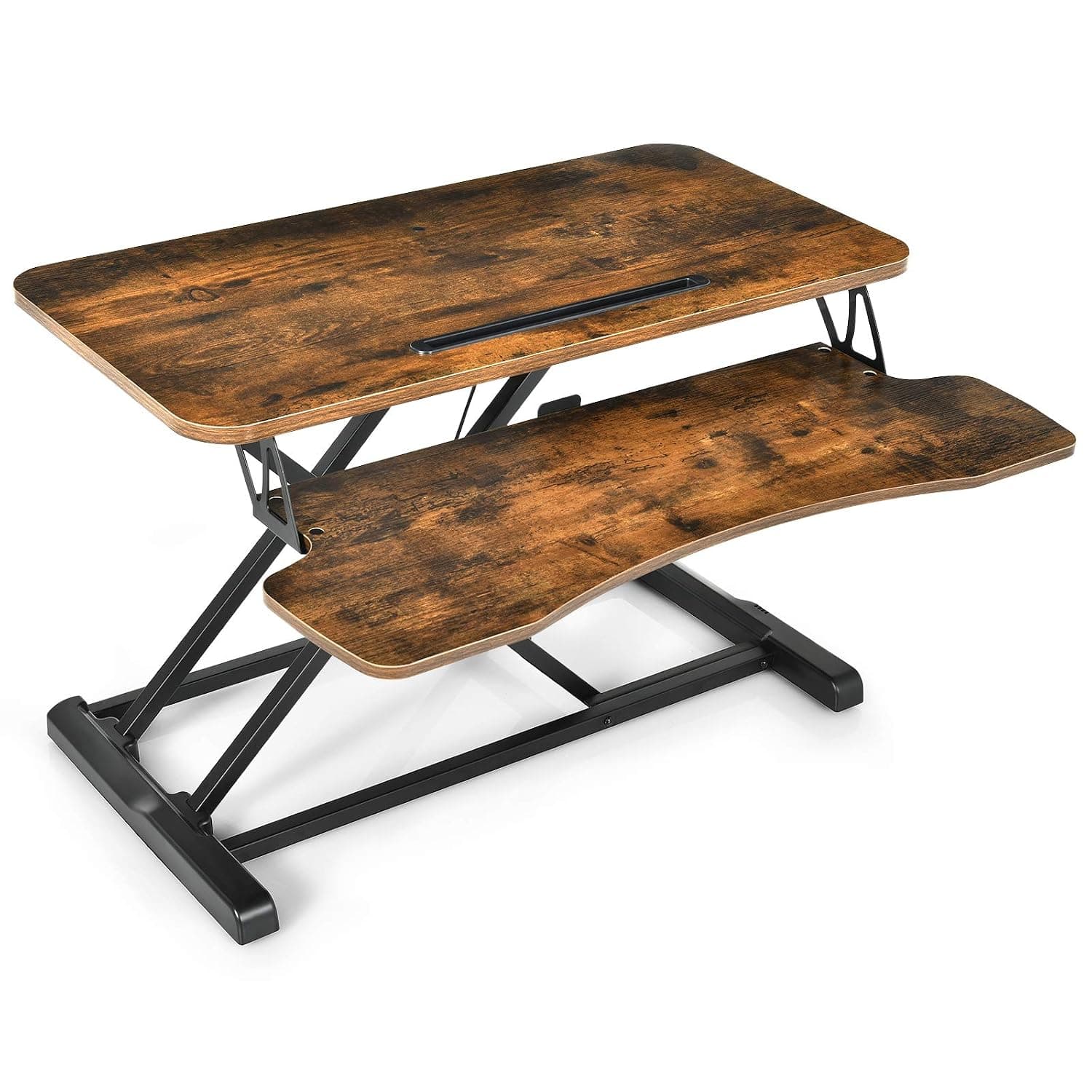 COSTWAY Height Adjustable Standing Desk, Single/Dual Tiered Sit Stand Converter Lifting Table, Ergonomic Home Office Study Riser Workstation for Monitor Computer (80 x 64 x 11-50cm, Rustic Brown)