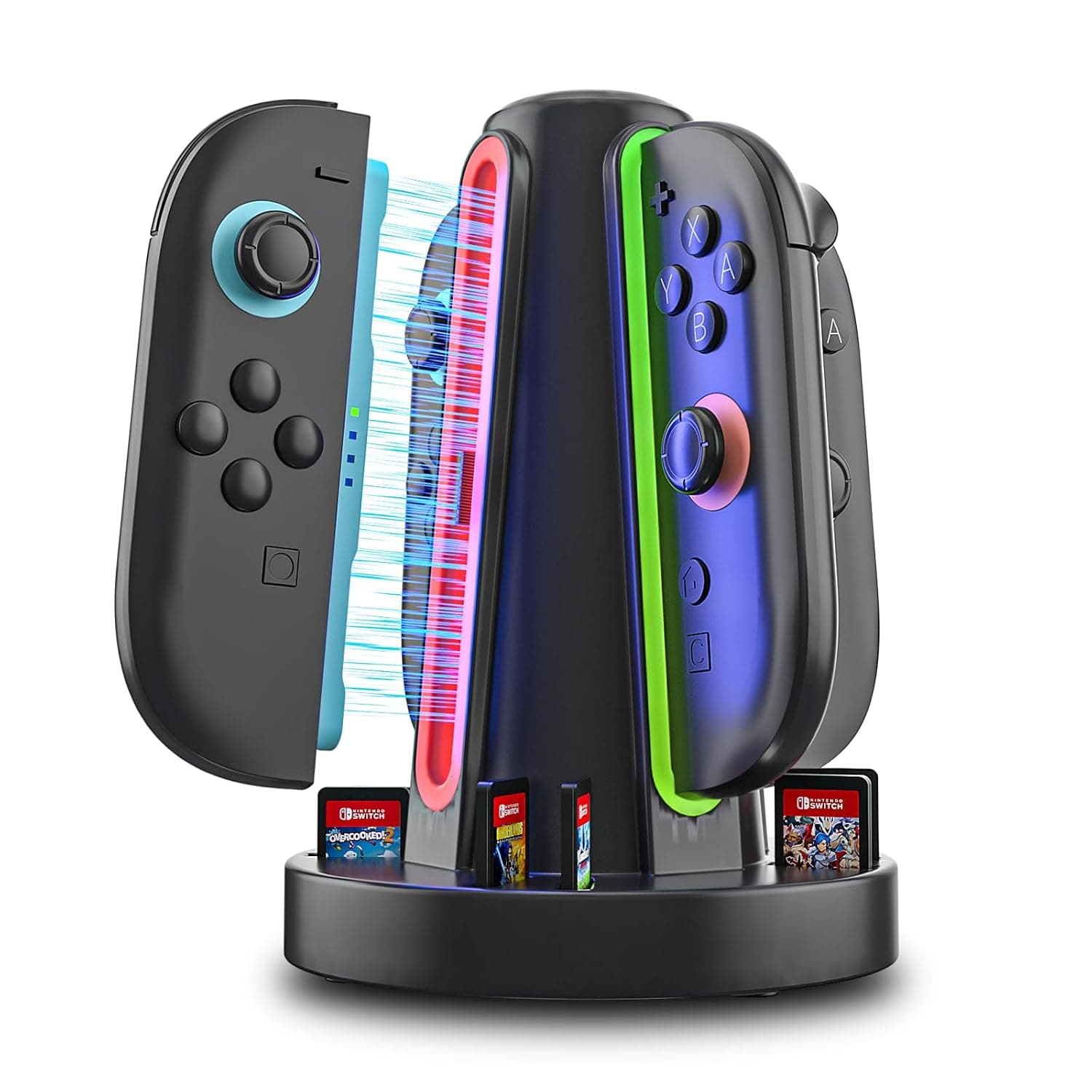 4-Port Switch 2 Controller Charger Dock, 6-Card Storage & LED Indicators | Switch 2 controller charger powers four controllers in 2.5 hours, with 6 card slots, LED status bars and magnetic snap-in fit