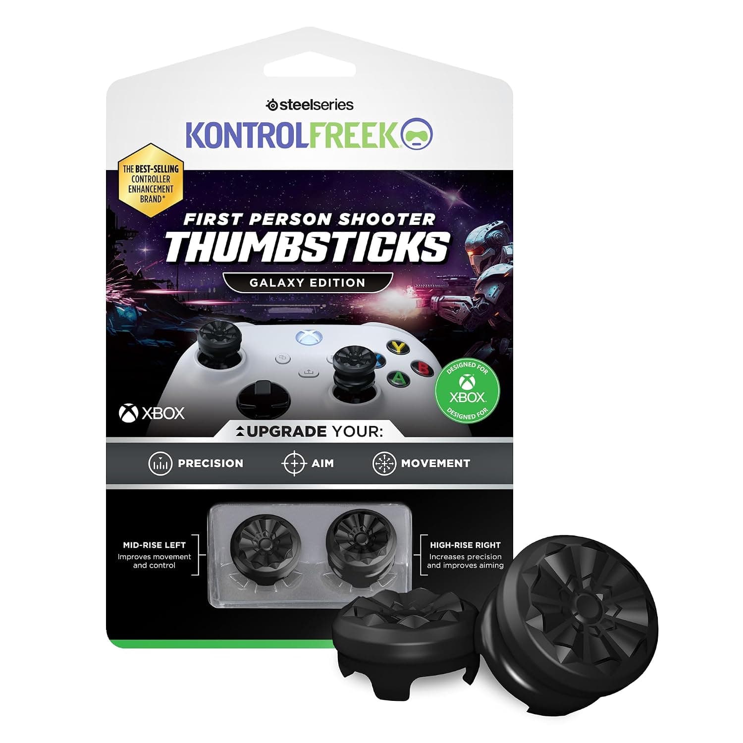 KontrolFreek FPS Freek Galaxy Black Xbox Thumb Grips | Performance Thumbsticks for Xbox Series X|S & Xbox One Controller | Stick Extenders for Precision & Aim | 1 High-Rise, 1 Mid-Rise