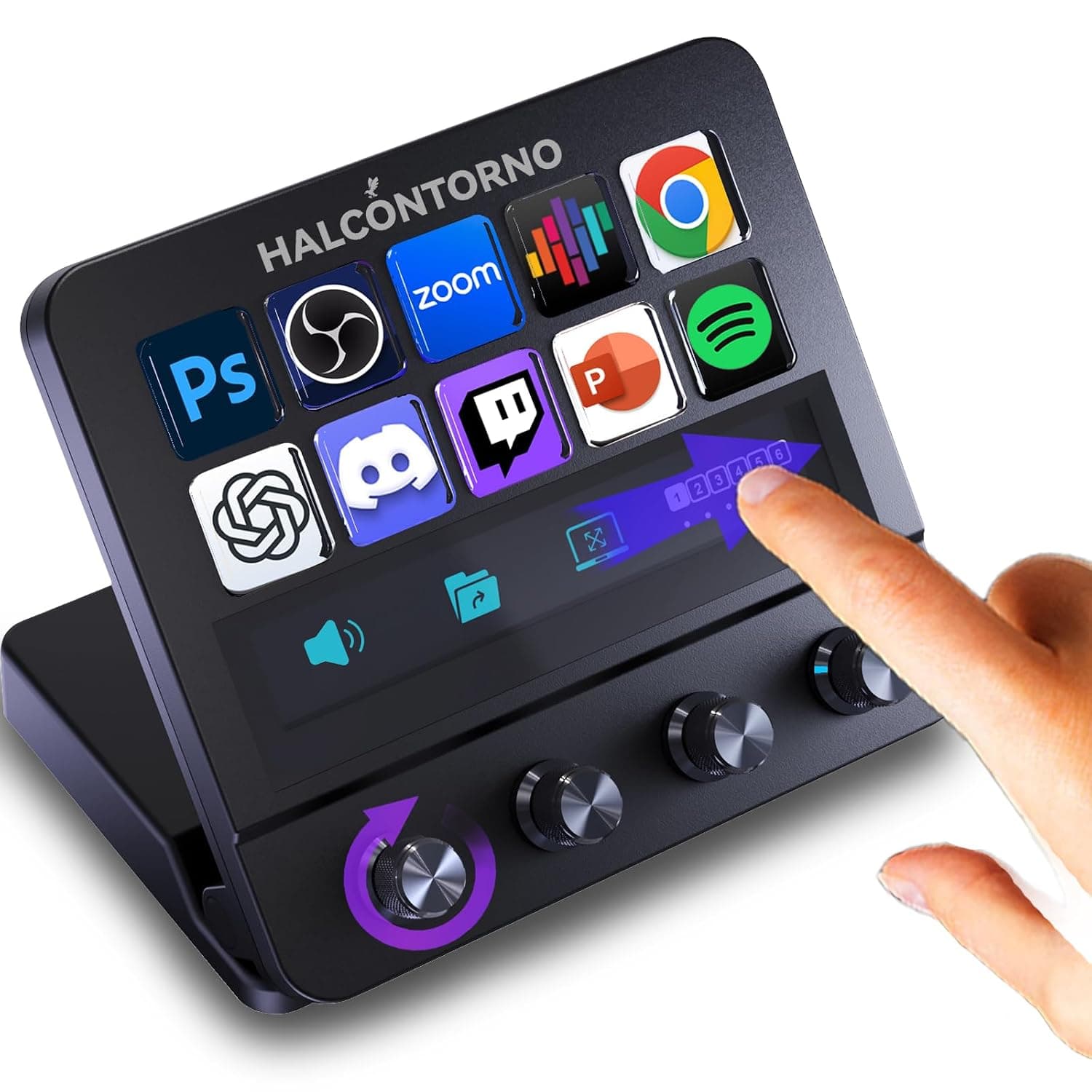 HALCONTORNO Stream Dock - Mirabox Steam Deck for PC Mac (N4E) | 10 Fully Customizable Keys, 4 Knobs with Triple-Action, Strip Displays, Wired Streaming Controller for Content Creator