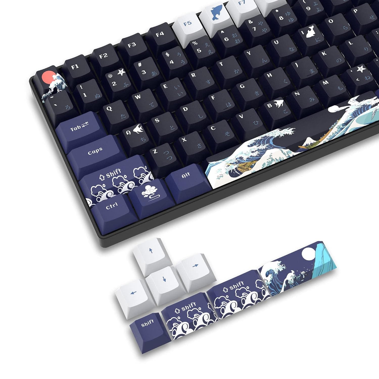 XVX PBT Keycaps - 132 Keys, Great Wave Off Kanagawa Japanese Keyboard Set, 5 Side DYE-Sub Custom Keycaps, Cherry Profile for Cherry Gateron MX Switches