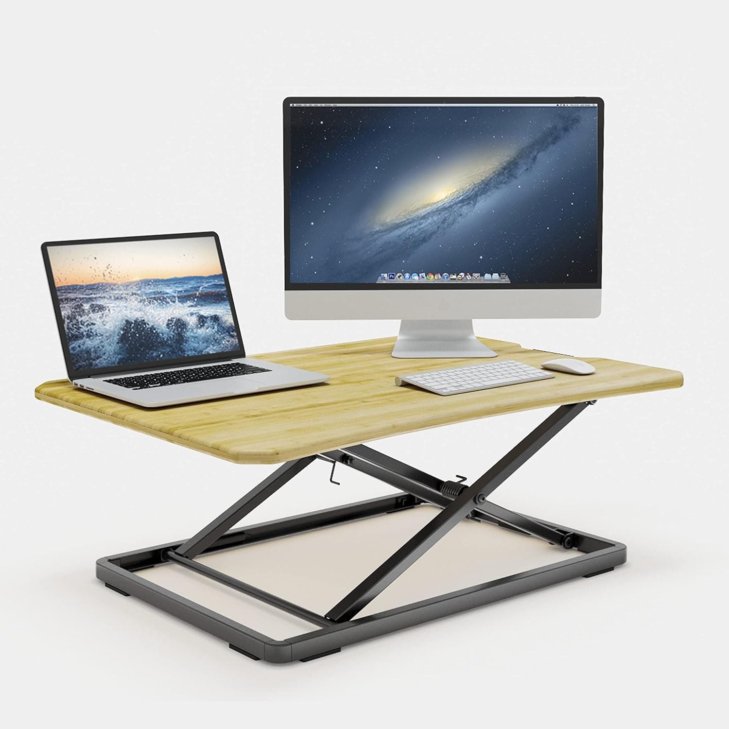 VonHaus Standing Desk Converter - Ultra-Slim Bamboo, Height Adjustable Standing Desk - Sit Stand Desk Converter, 67cm x 40cm, Max Height 45cm - Desk Risers for Standing or Sitting - 8kg Capacity