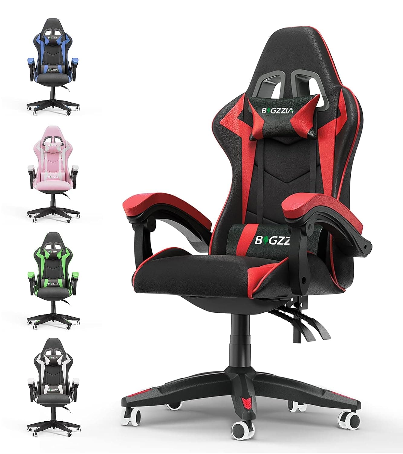 Bigzzia Ergonomic Gaming Chair With Lumbar and Headrest Cushions | 360° swivel, High-density Padding, Height-Adjustable up to 110kg for Adults (without footrest, Red)