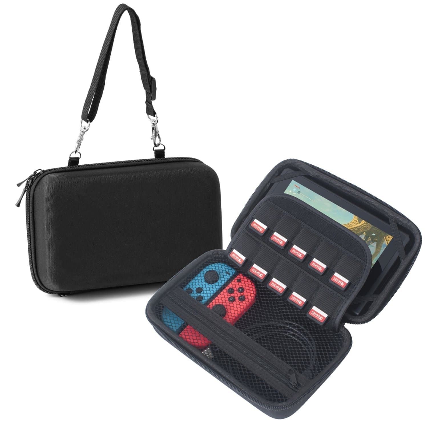 Insten Nintendo Switch Hard Carrying Case with 10 Game Cartridge Holders & Stand , Protective EVA Hard [Full Protection] Pouch Fits In-Car or Anywhere for Nintendo Switch Console & Accessories, Black