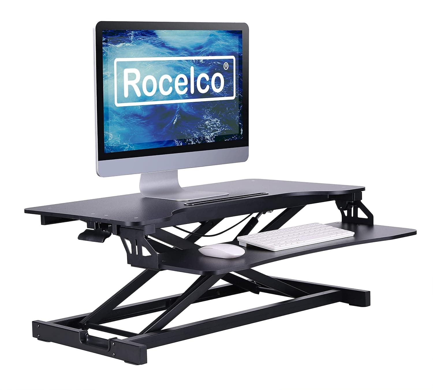 Rocelco 80cm Standing Desk Converter with Quick-Release Keyboard Tray, Tablet Slot, Height Adjustable Sit-Stand Computer Workstation Riser for Dual Monitors and Laptop, Black (R VADRB)