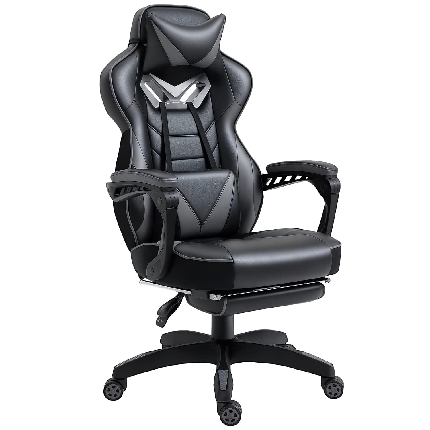 Vinsetto Computer Gaming Chair, Racing Desk Chair, Lumbar Support, Grey | Footrest, PU Leather Gamer, Headrest, Swivel Wheels, for Home