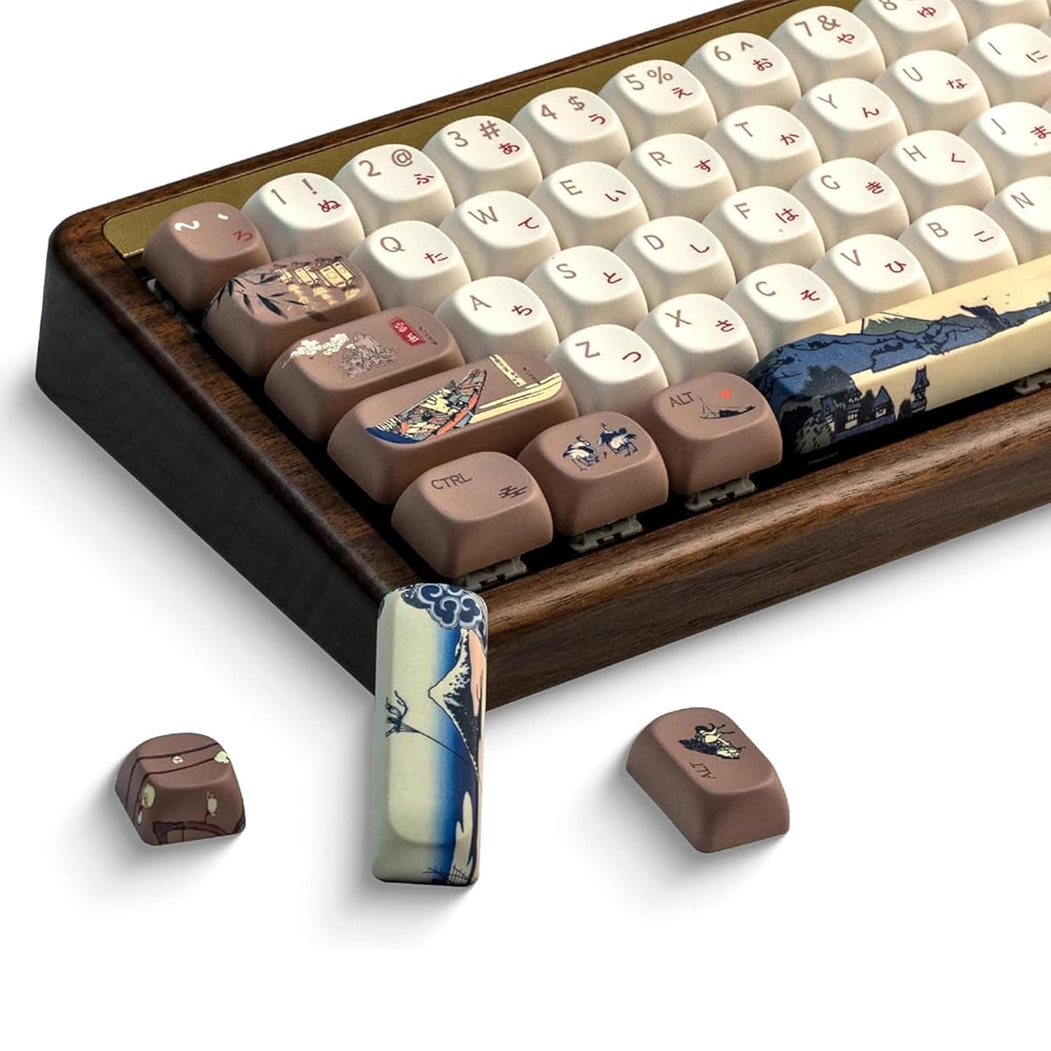 OHY XVX MOA Profile Japanese Fuji Mountain Theme PBT Keycaps Set, 140-Key Coffee & Cream Custom Keycaps for US Layout Mechanical Keyboards (Brown/Beige Design with Key Puller)