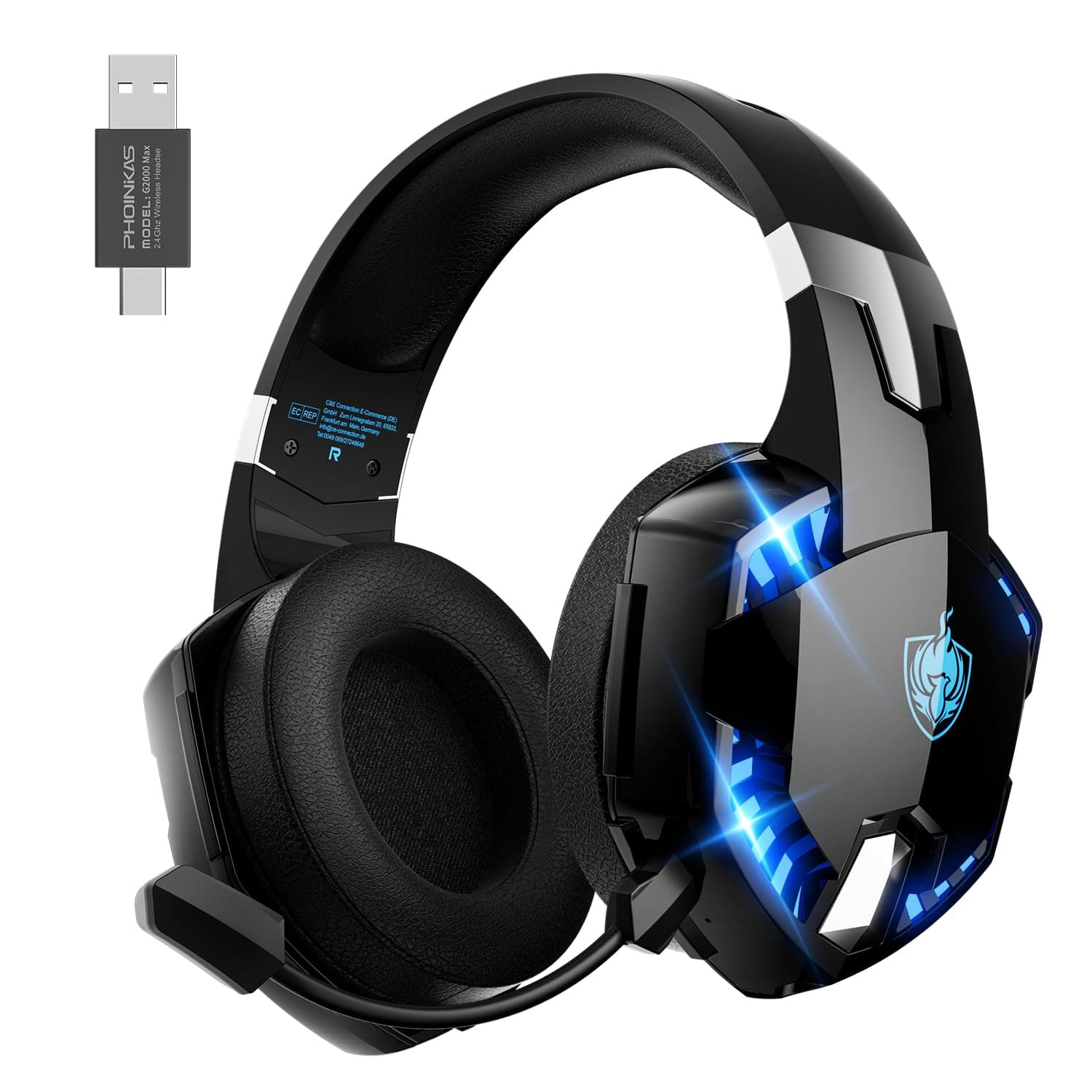 PHOINIKAS Wireless Gaming Headset with Detachable Microphone, 100+h Battery Life, 2.4G USB & Type C Dongle, 7.1 Surround Sound, LED Light, for PS5/PS4/PC/Laptop/Tablet/Phone