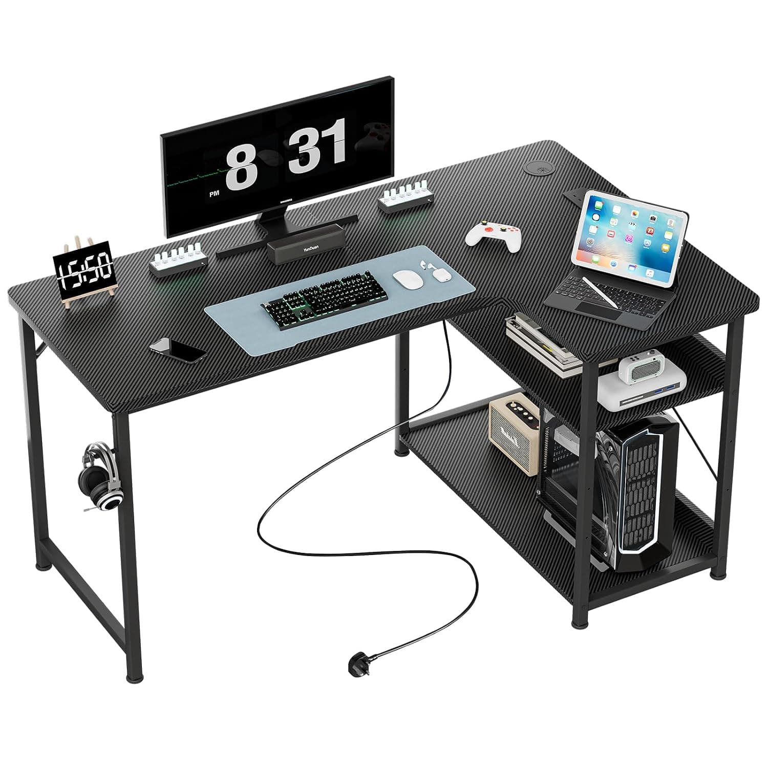 GTPLAYER Gaming Table, 120 x 80 cm, L-Shaped Desk with USB Charging Port and Shelf, Corner Desk with Shelf, Headphone Holder, Computer Desk, PC Table, Gaming Table