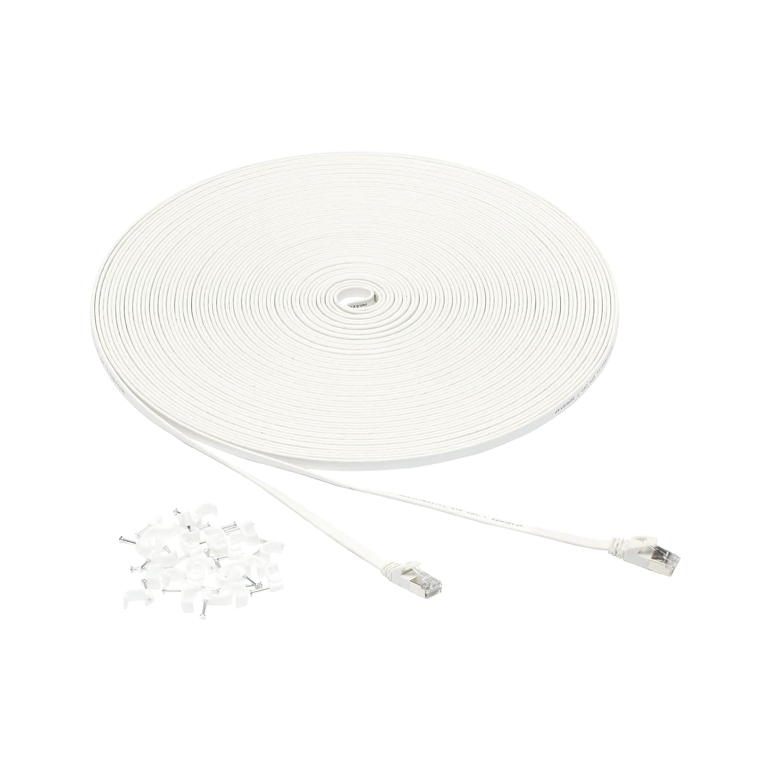 Amazon Basics Cat 7 Flat Ethernet Cable, 30.5 m, 600MHz, with Wall Clips - Heavy-Duty Shielded Gigabit Internet Cable for Routers, Modems, PCs, Smart TVs, Gaming Consoles, White