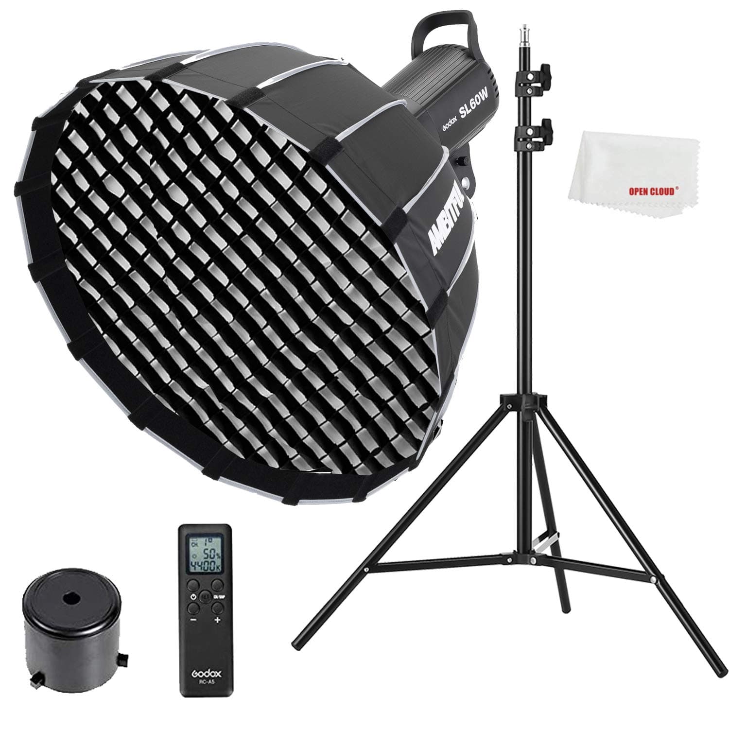 Godox SL-60W CRI 95+ LED Video Light with Bowens Mount and Remote Control + P60 Parabolic Round Softbox with Honeycomb Grid and Light Stand