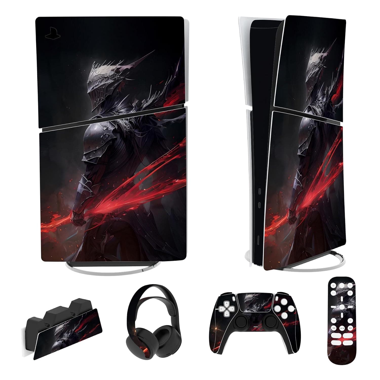 PlayVital Full Set Skin Sticker for ps5 Slim Console Digital Edition (The New Smaller Design), Vinyl Skin Decal Cover for ps5 Controller & Headset & Charging Station & Media Remote - Abyss Knight | Full Coverage, Scratch Protection, Easy Application, No Residue, Precise Fit, Abyss Knight
