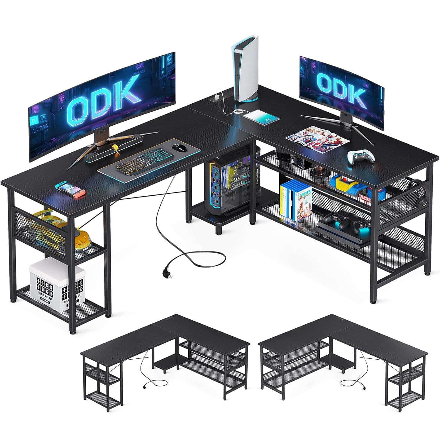 ODK L Shaped Gaming Desk, 168 x 120 cm Reversible Computer desk with 2 Sockets and 2 USB Charging Ports, Corner Desk with Storage for Home Office Black
