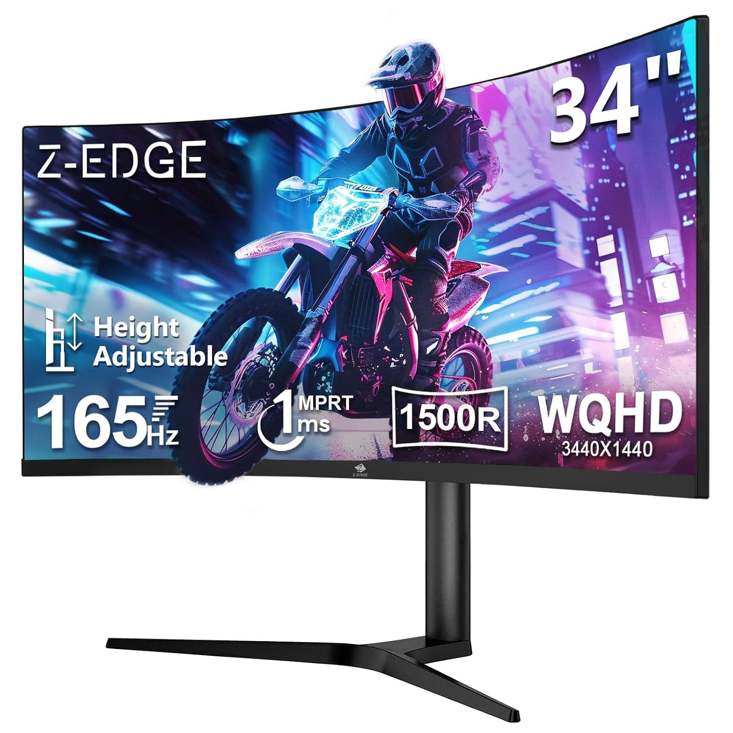 Z-Edge 34 Inch Ultrawide Curved Gaming Monitor 165Hz 1ms MPRT 21:9 3440x1440 UWQHD 1500R VA Panel, sRGB 100%, Height Adjustable, Adaptive Sync, DisplayPort (165Hz) HDMI (100Hz), PIP/PBP