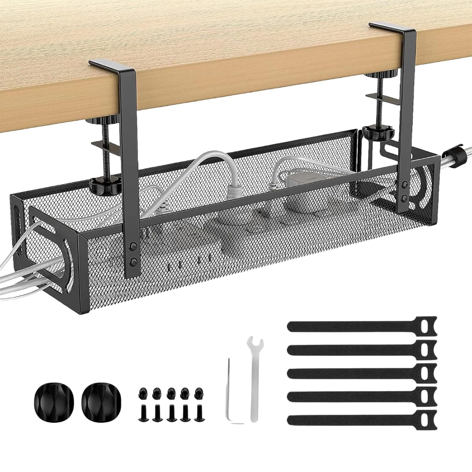 Under Desk Cable Management Tray - No Drill Wire Organizer, Desk Cable Tidy Basket for Extension Cords & Wires, Office/Home/Kitchen Storage Solution, Fits Computer, Internet Cafe & Workspaces (Black)