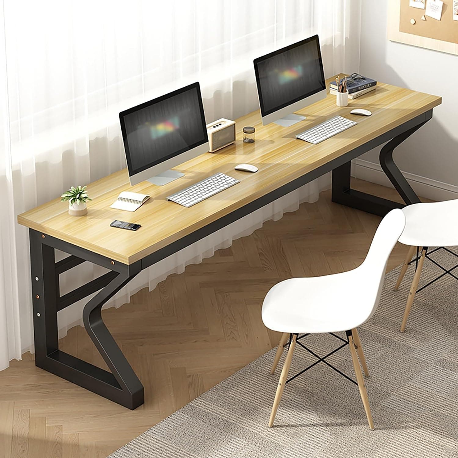 Gaming Desk with 2.5cm Thick Desktop 180cm Light Walnut Black Frame Computer Desk for Home Office