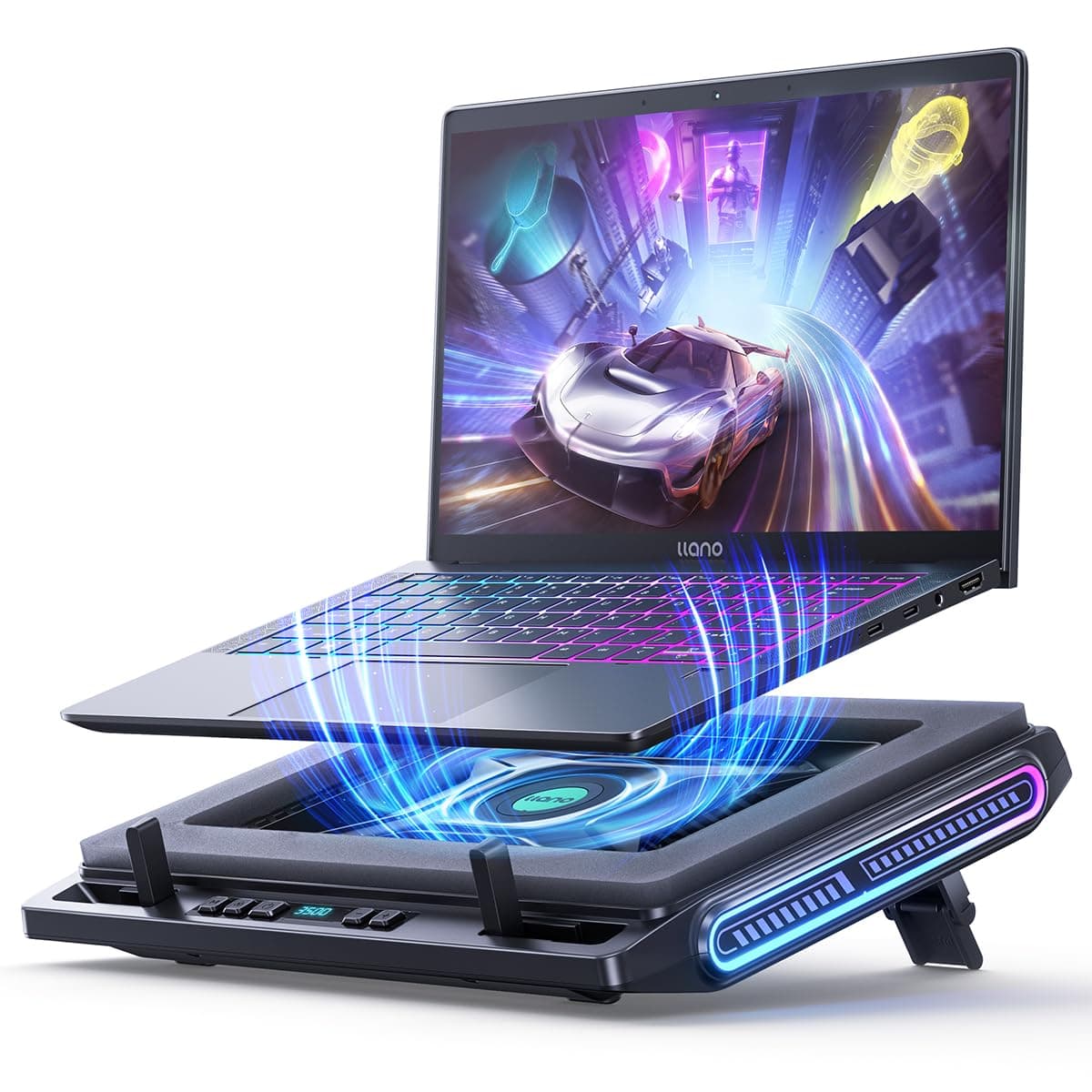 llano V10 Gaming Laptop Cooling Pad, RGB Laptop Cooler Stand | External Powerful Cooling Fan, Rapid Cooling Computer 13-17.3in, Action Button Control, 3 Adjustable Stand, 4-Port USB C&A
