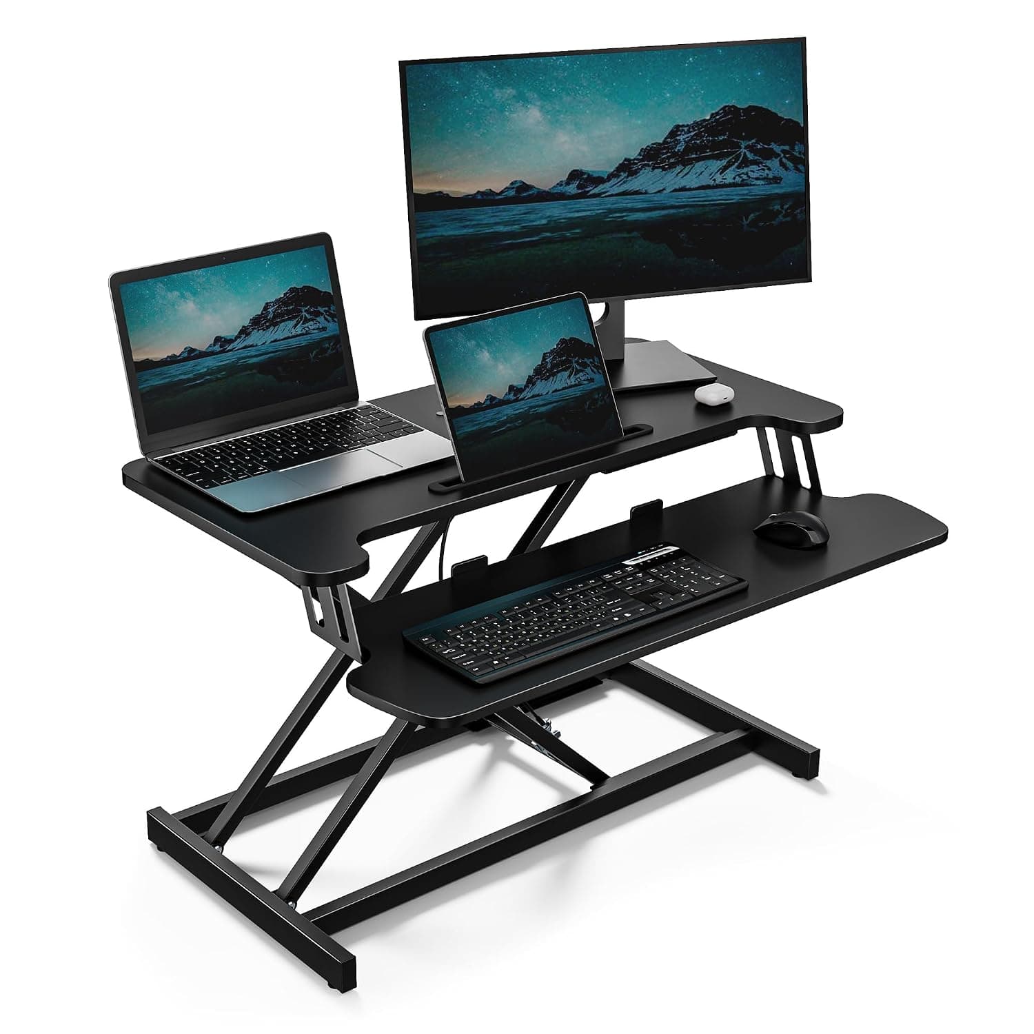VonHaus Standing Desk Converter, Height Adjustable Computer Workstation with Keyboard Shelf, Dual Monitor Desk Riser w/Tablet Holder - 80x40cm | Height Adjustable Computer Workstation, Keyboard Shelf, Dual Monitor Desk Riser, Tablet Holder, 80x40cm