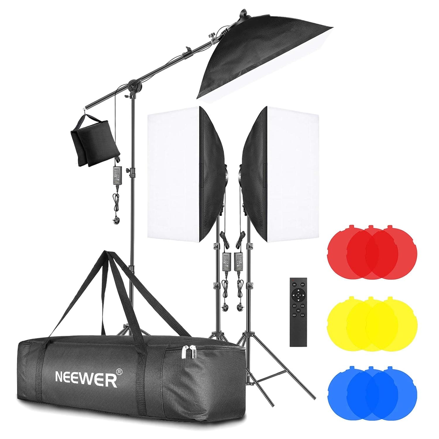 Neewer 10097242 3-Pack 2.4G LED Softbox Lighting Kit with Color Filter: 20inchx28inch Softbox, 3200-5600K 48W Dimmable LED Light Head, Boom Arm, Bag for Photo Studio Video Shooting,Yellow