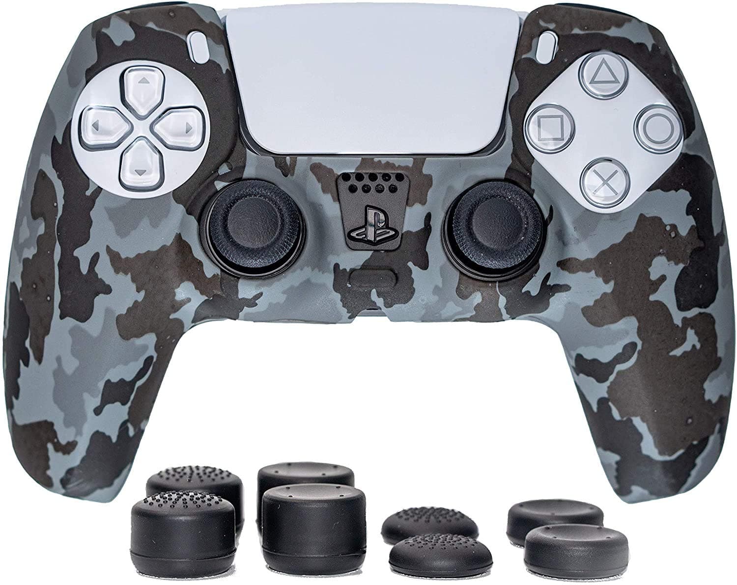 PS5 Silicone Case Cover for Playstation 5 DualSense Wireless Controller with Thumb Grip Cap - Shockproof, Anti-Scratch, Anti-Scratch Joysticks Rubber Protector (Grey Camouflage)