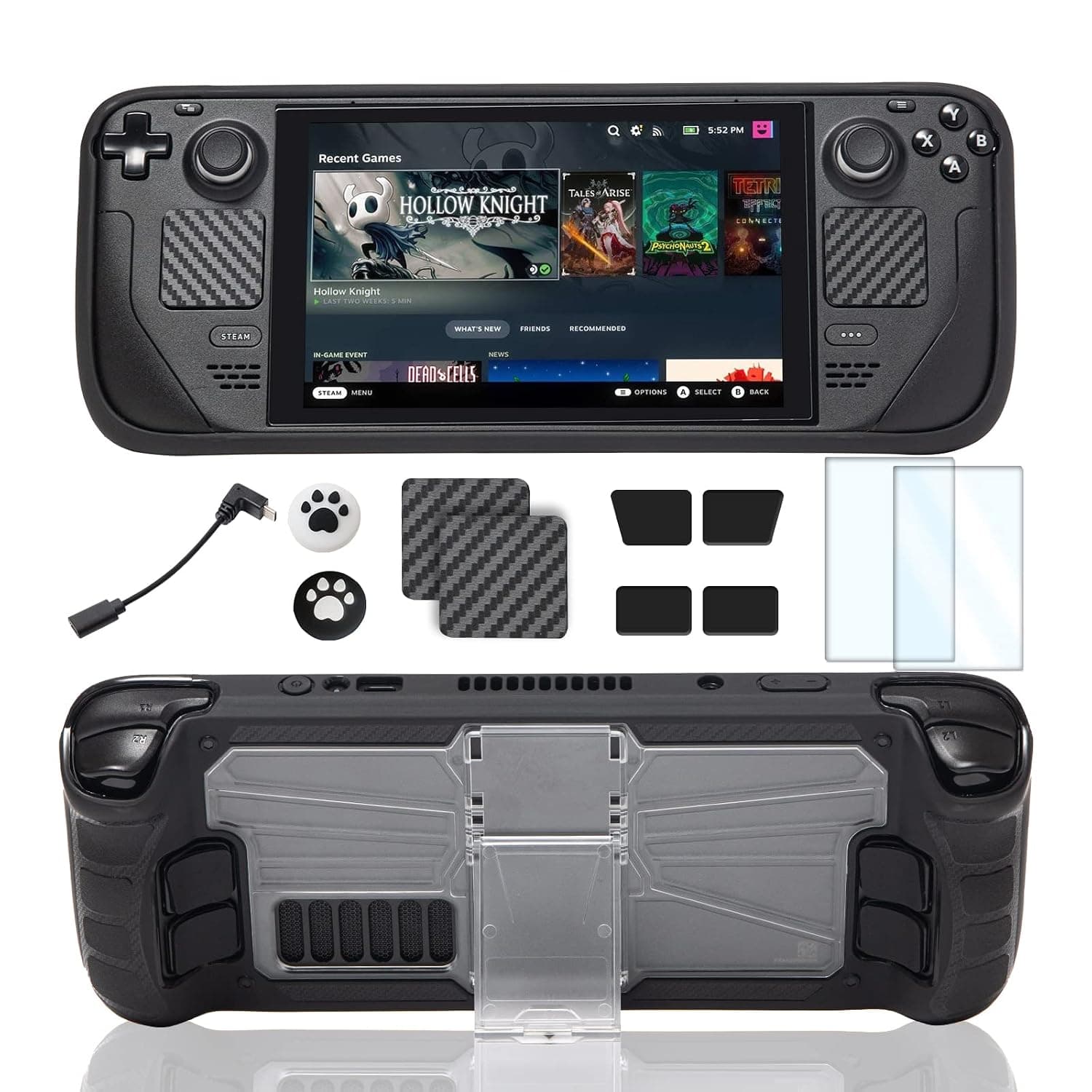 Steam Deck Accessories, Steam Deck TPU Case with Kickstand, 2 Steam Deck Tempered Glass Screen Protector, 2 Steam Deck Thumb Grip Caps, 6 Steam Deck Touch Pad Stickers and Steam Deck Adapter - Clear