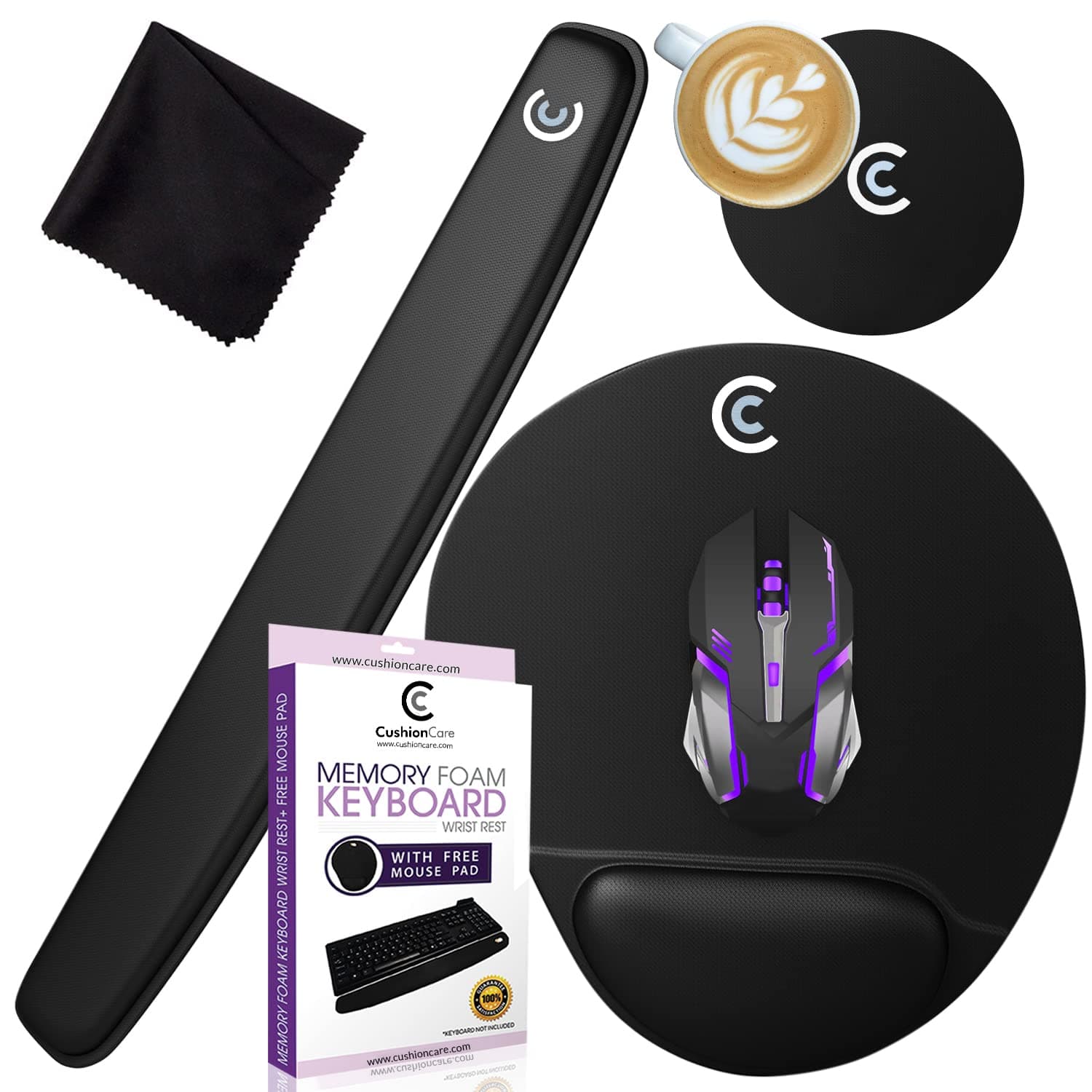CushionCare Keyboard Wrist Rest Pad - Mouse Pad Included - Ergonomic Support - Premium Quality Foam - New and Improved Shape Provides Comfort and Support to Hands by