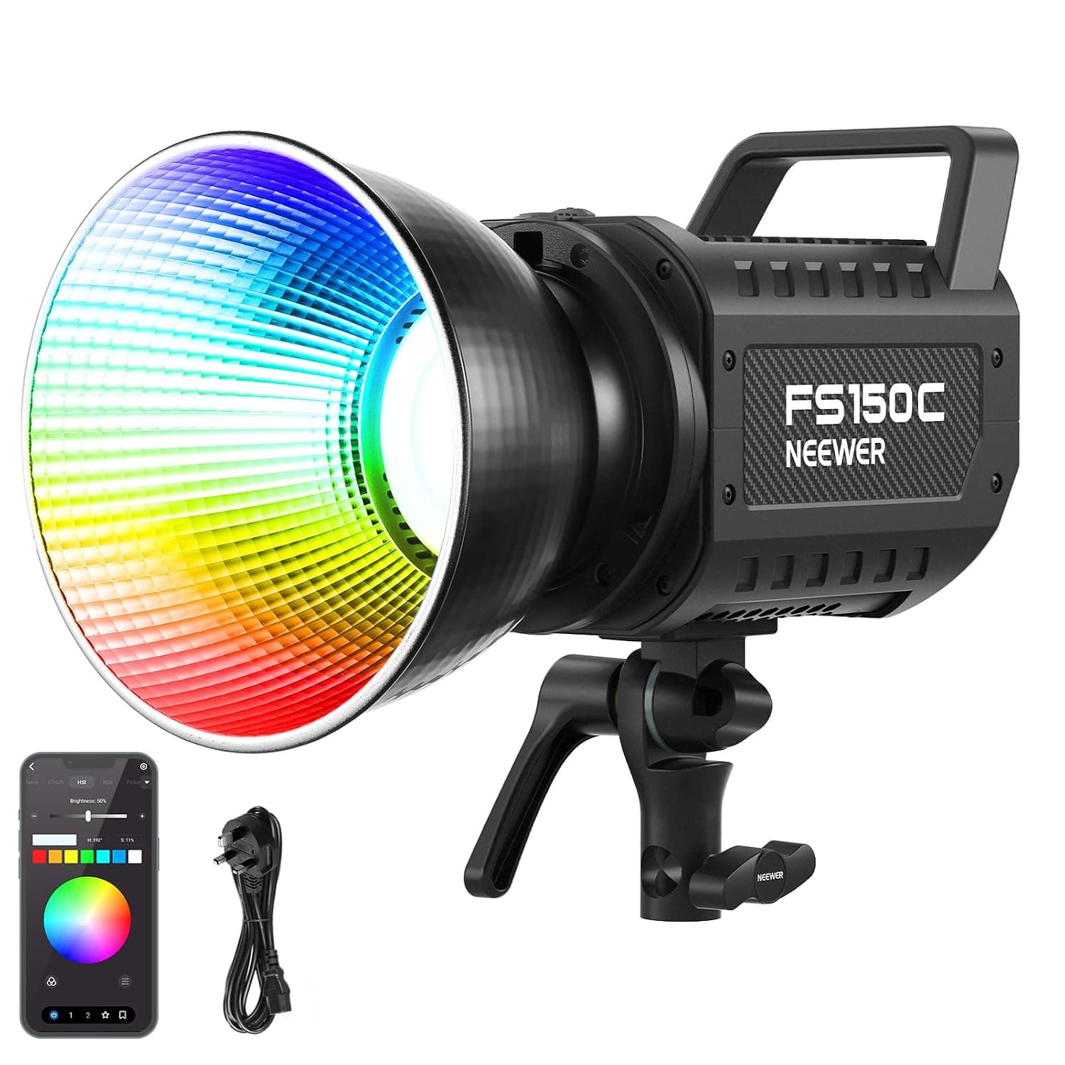 Neewer 130W RGB LED Video Light APP/2.4G Control 17 Effects, 2500-7500K 19800lux/1m COB Continuous Lighting Output with CRI97/TLCI98 4 Dimming Curves, Bowens Mount Spotlight for Studio Shoots, FS150C | 2500-7500K, 19800lux/1m, COB Continuous Lighting Output, CRI97/TLCI98, 4 Dimming Curves, Bowens Mount Spotlight Studio Shoots