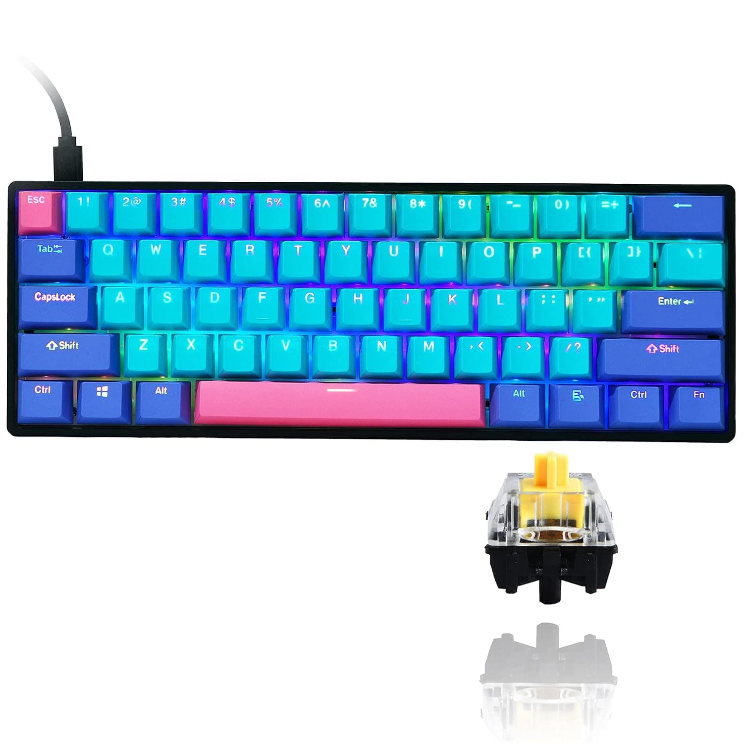 GTSP Gk61 60% Mechanical Keyboard Gaming Custom SK61 Hot Swappable 60 Percent with PBT Keycaps RGB Backlit NKRO Type-C Cable for PS4 (Gateron Optical Yellow, Joker)