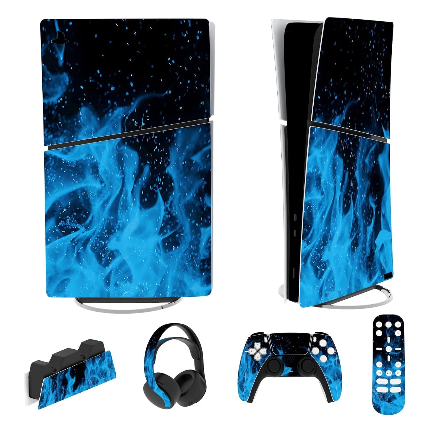PlayVital Full Set Skin Sticker for ps5 Slim Console Digital Edition (The New Smaller Design), Vinyl Skin Decal Cover for ps5 Controller & Headset & Charging Station & Media Remote - Blue Flame