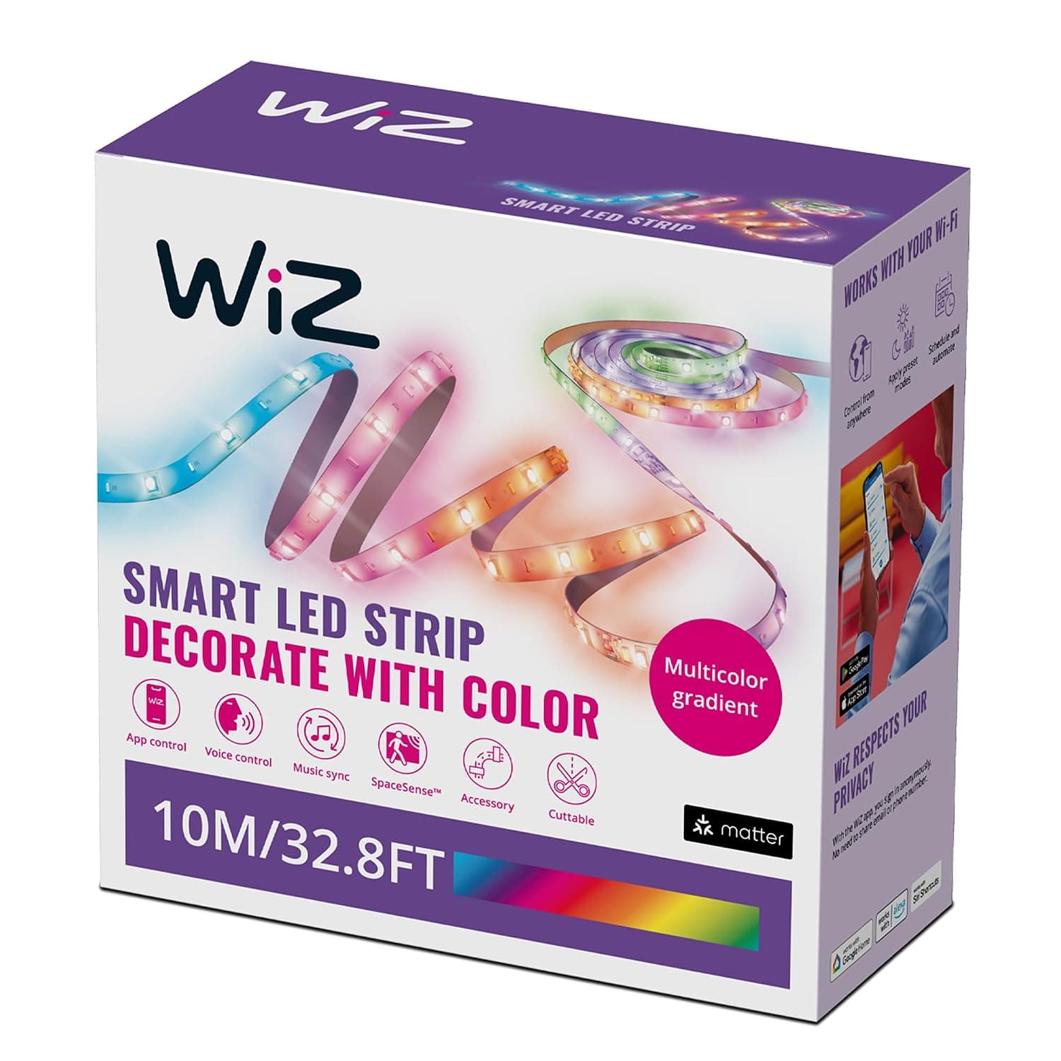 WiZ Smart RGBIC LED Strip Light, 10 m, 16 Million Colors, Dynamic Light Scenes, Wi-Fi, Voice/App Control, Works with Google Home, Alexa and HomeKit, LED Lights for Bedroom, Kitchen, Living Room