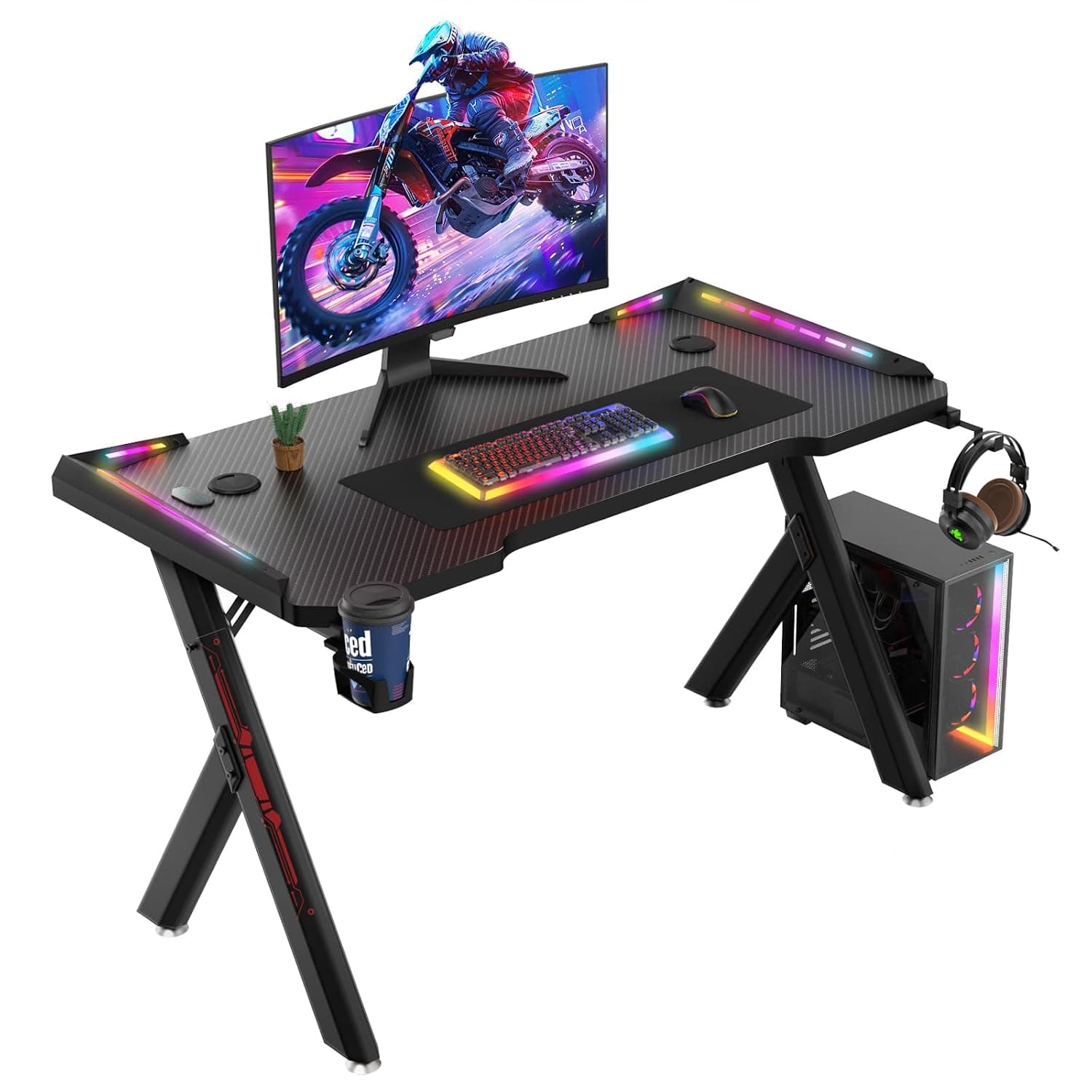 Bigzzia Gaming Desk RGB Lighting Ergonomic Gamer Workstation, Carbon Fibre Surface, Cup Holder and Headphone Hook, 120 * 60 * 72cm