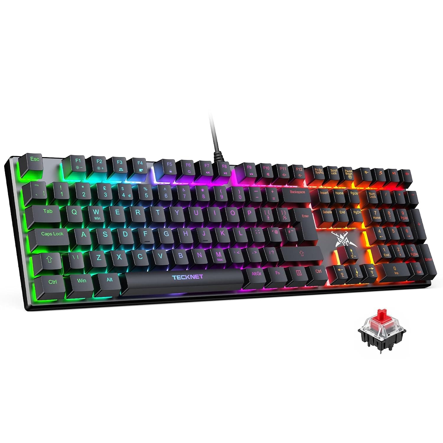 TECKNET Mechanical Gaming Keyboard,Red Switches Keyboard,109 Keys,UK Layout | 24 LED Lighting Modes,Fully Programmable Customise Keys,Anti-Ghosting,Wired Keyboard for Gaming,PC,Windows,Gamer,Office