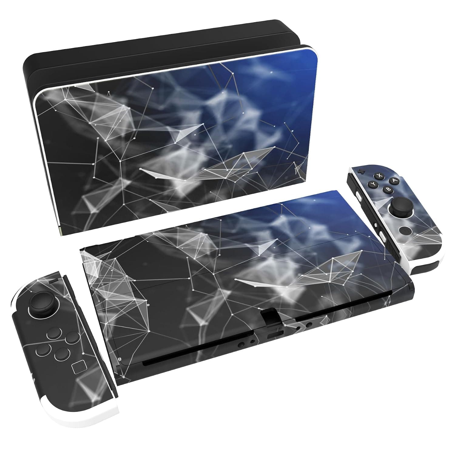 PlayVital Full Set Protective Stickers for Nintendo Switch OLED Model, Customized Vinyl Decal Skins for Switch OLED Console & Joycon & Dock & Grip - 3D Polygon | Skin Sticker for Nintendo Switch OLED Protection Polygon 3D