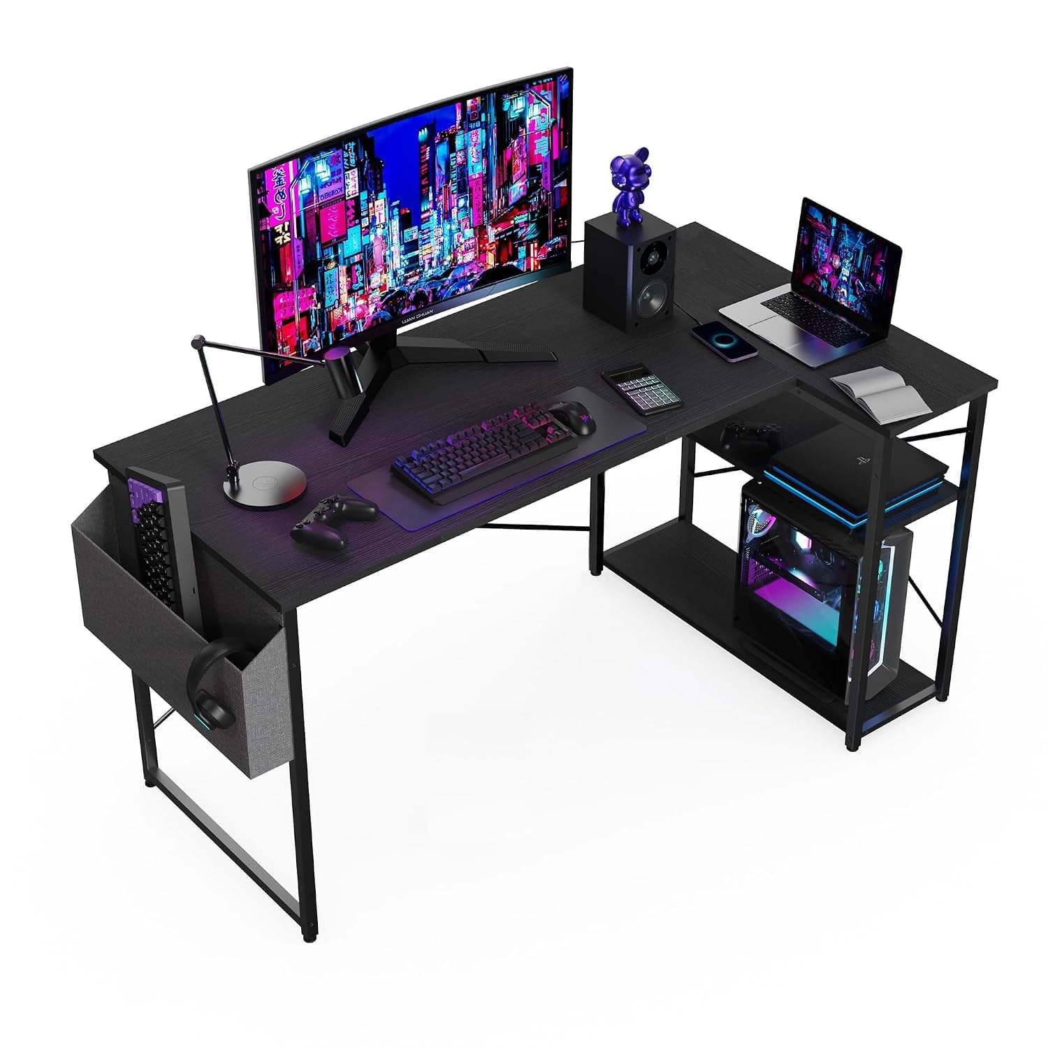BEXEVUE L Shaped Gaming Desk, 100x70 cm Computer Corner Desk with Storage Bag, Office Desk Small Writing Table with Large Reversible Storage Shelves, Workstation for Study Play Work Home Office, Black