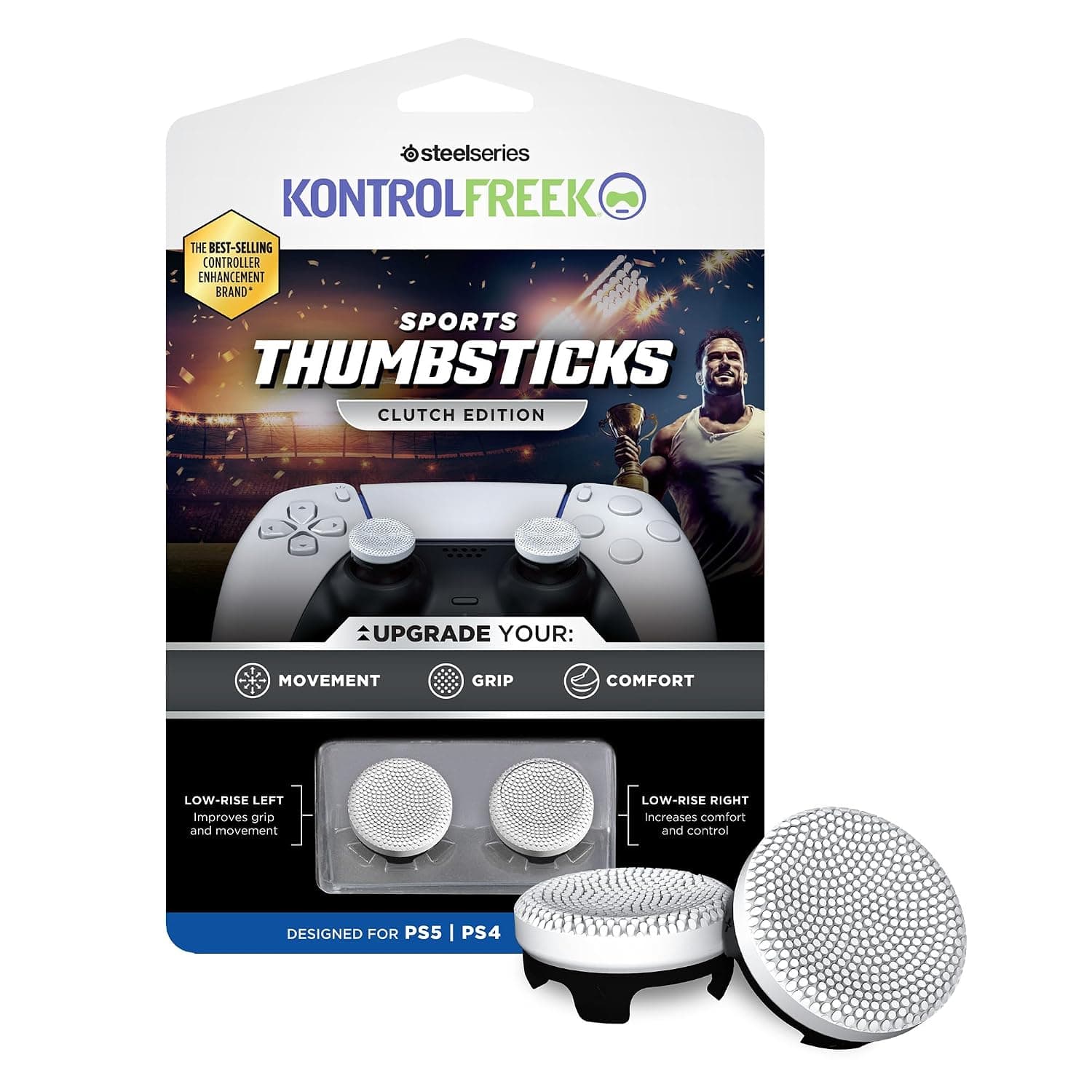 KontrolFreek Clutch for Playstation 5, PS5 and Playstation 4, PS4 Controller, Performance Thumbsticks, 2 Low-Rise Concave, Black & White