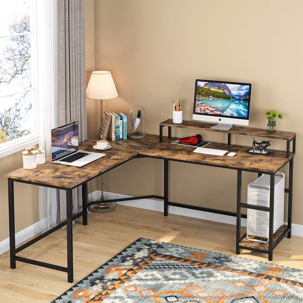 Tribesigns L Shaped Computer Desk with Shelves, 138 cm Gaming Desk, Writing Workstation Corner Study Desk, Industrial Office Table with Large Monitor Stand for Home Office