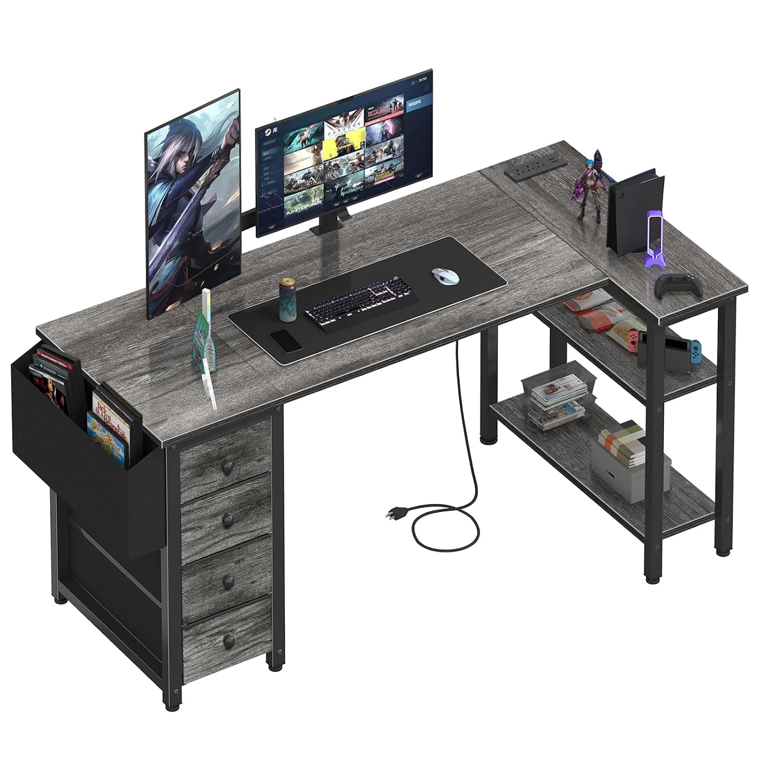 Lufeiya L Shaped Gaming Desk with Drawers & Storage Shelves, 55 Inch Corner Computer Desk with Power Outlet for Home Office Bedroom, L-Shaped Teen PC Desks with Fabric Drawer, Gray