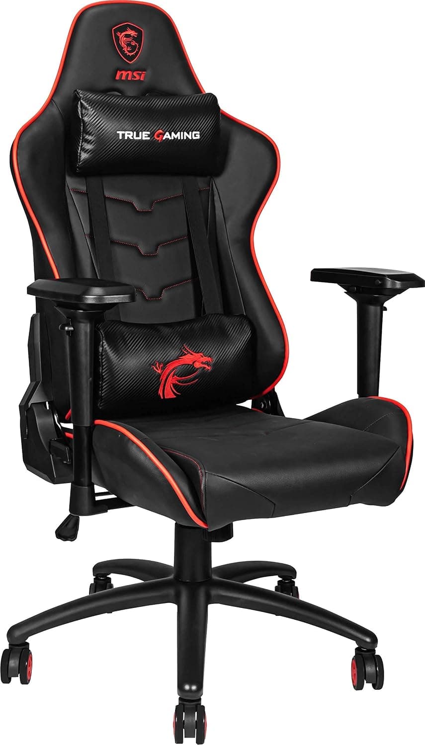 MSI MAG CH120X Gaming Chair (Black and Red Leather, Steel Frame, Reclinable Backrest, Adjustable 4D Armrests)