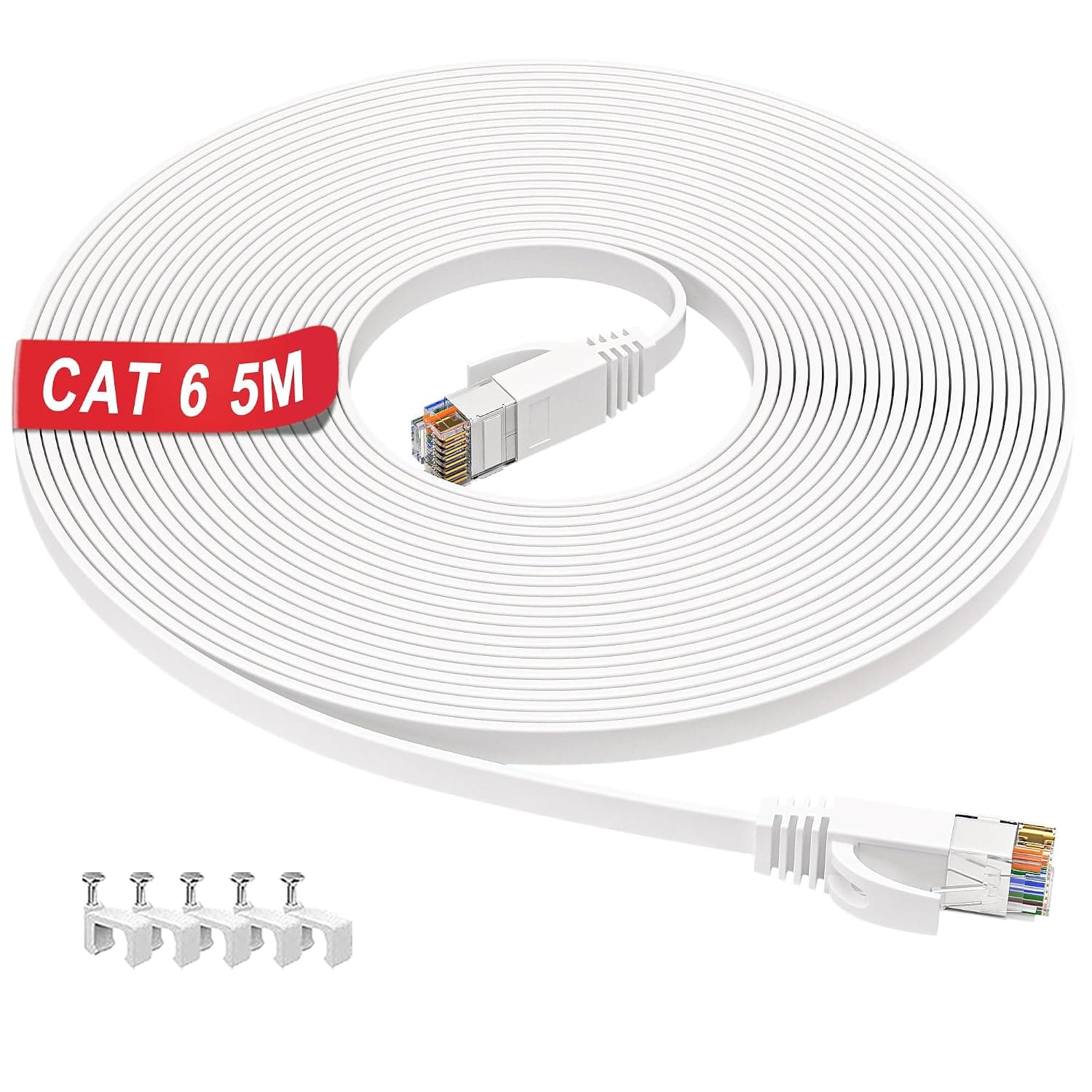 ikbc Cat 6 Ethernet Cable 5m High Speed Internet Cable 5m Flat White | Gigabit RJ45 Network Cable 10/100/1000Mbps 250MHz LAN Cable 5 meter, Broadband Patch Cord for Router Switch Modem (5 Clips)