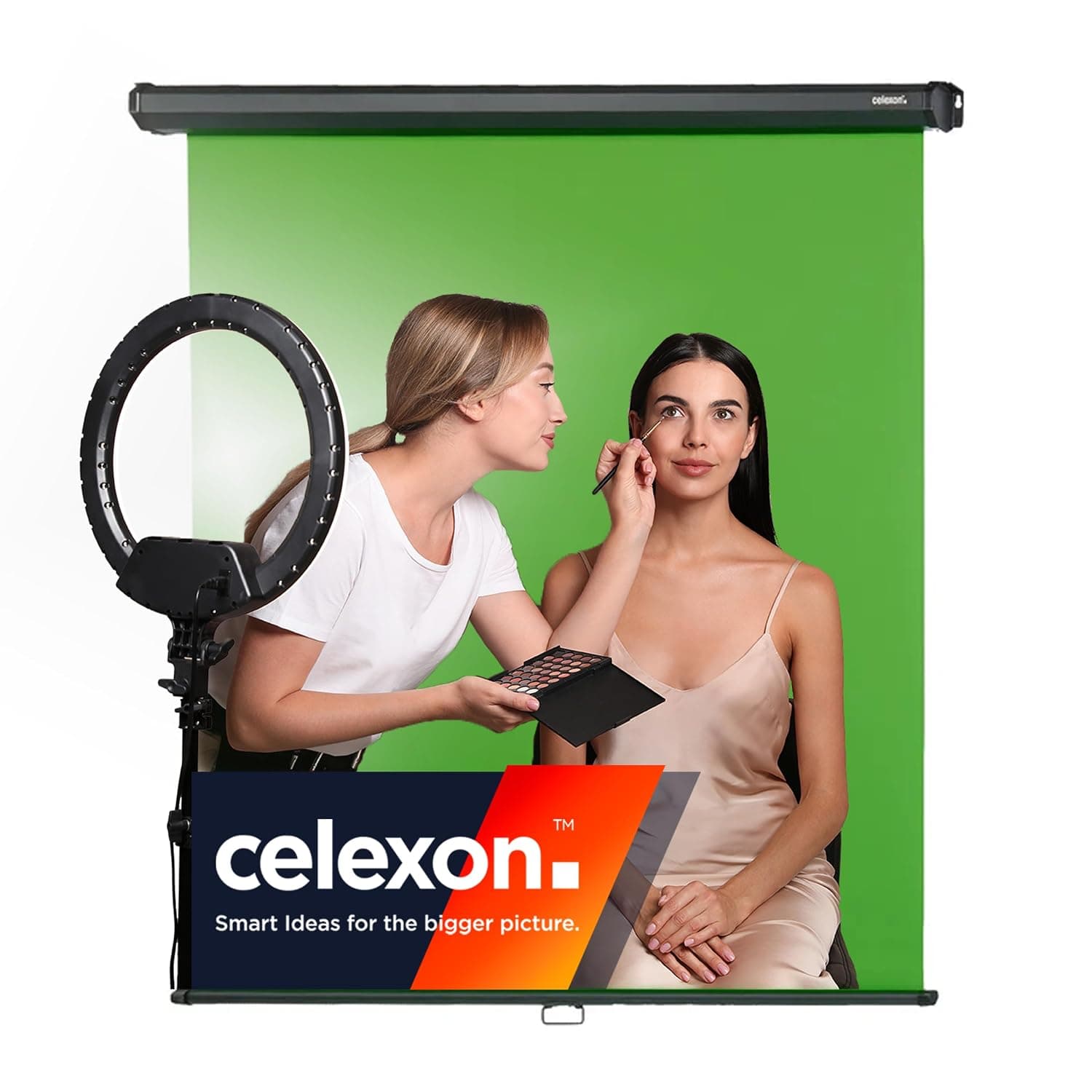 celexon Chroma Key Manual Green Screen 110" | 200x190cm 1:1 | Compact photo and video backdrop for streaming or home office use, with roll-up screen for wall or ceiling mounting