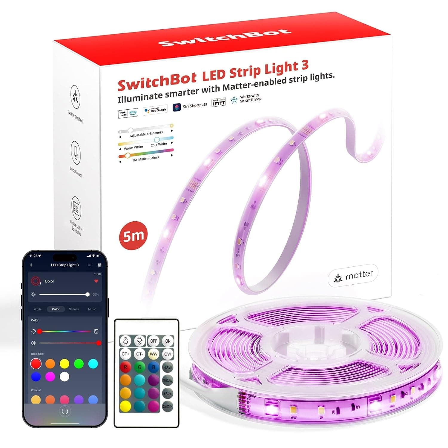 SwitchBot Matter LED Strip Light 5M, 72LEDs/m RGBCCT Strip Lights with APP Control Remote, Works with Apple Home, Alexa, Google Home, SmartThings, Music Sync Color Changing LED Lights for Bedroom, TV