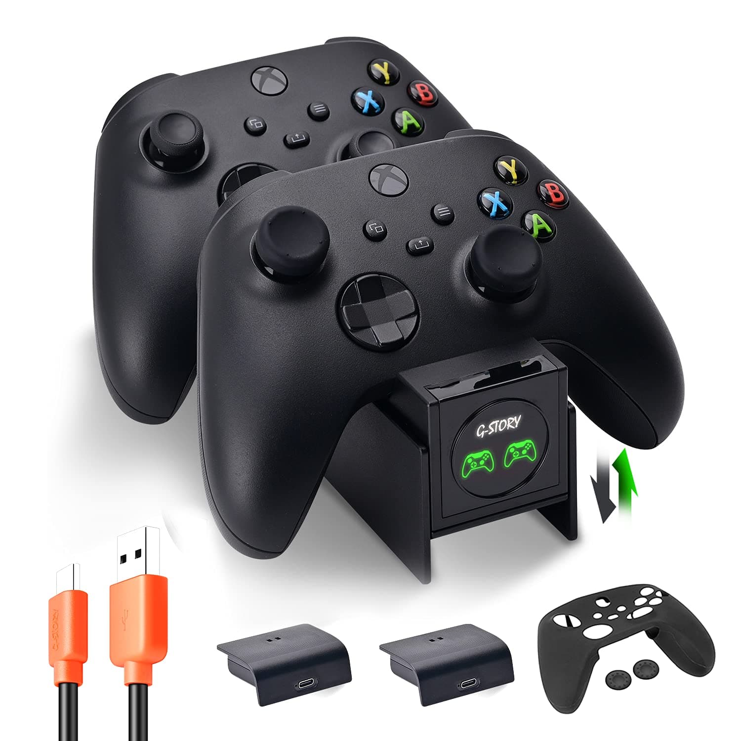 G-STORY Controller Charger for Xbox Series X/S, Xbox Controller Charging Dock Station with 1.5m Charging Cable & 2 * 1100 mAh Rechargeable Batteries & Controller Skin