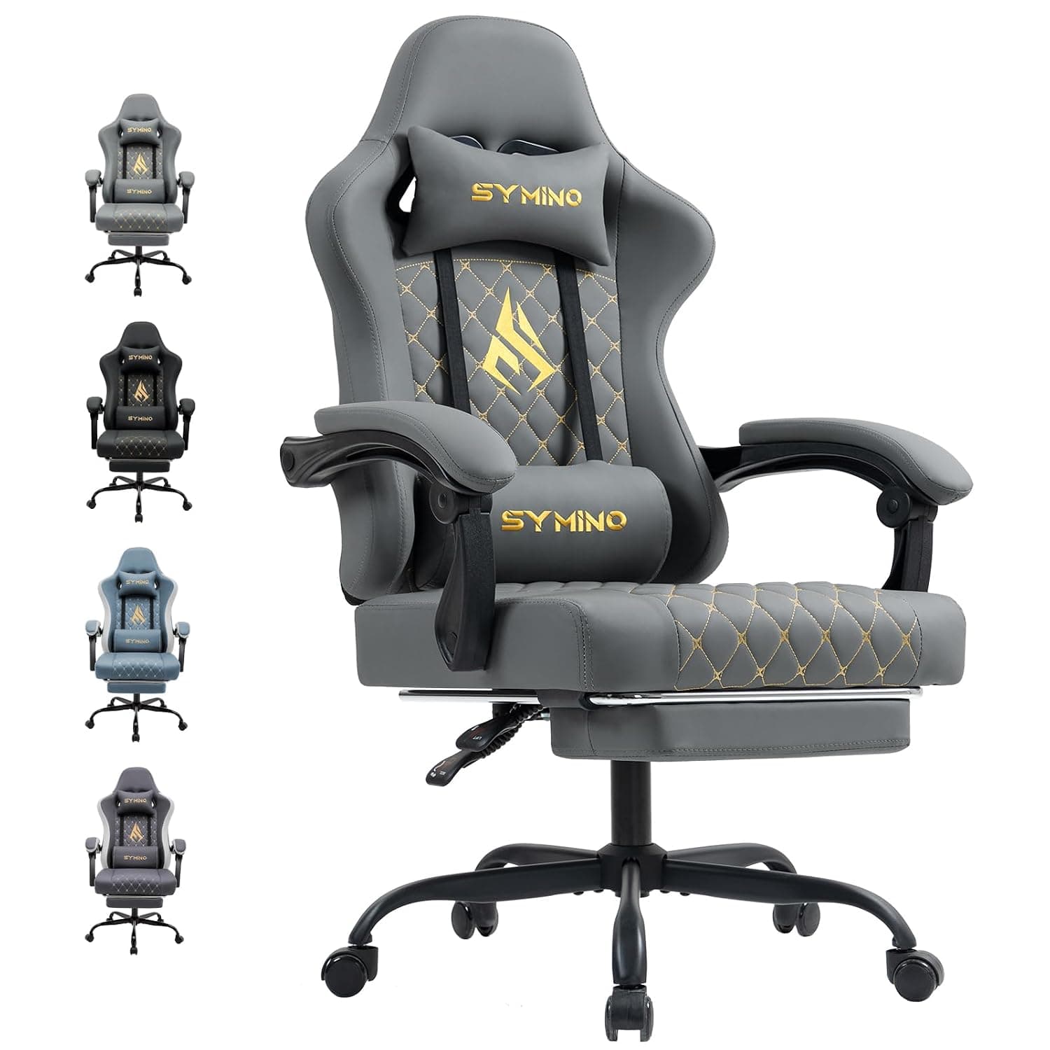 Symino Gaming Chair with Footrest, Computer Ergonomic Video Game Chair, Adjustable Swivel Task Chair with Lumbar Support, PC Chairs, PU Leather Game Chairs for Adults, Grey