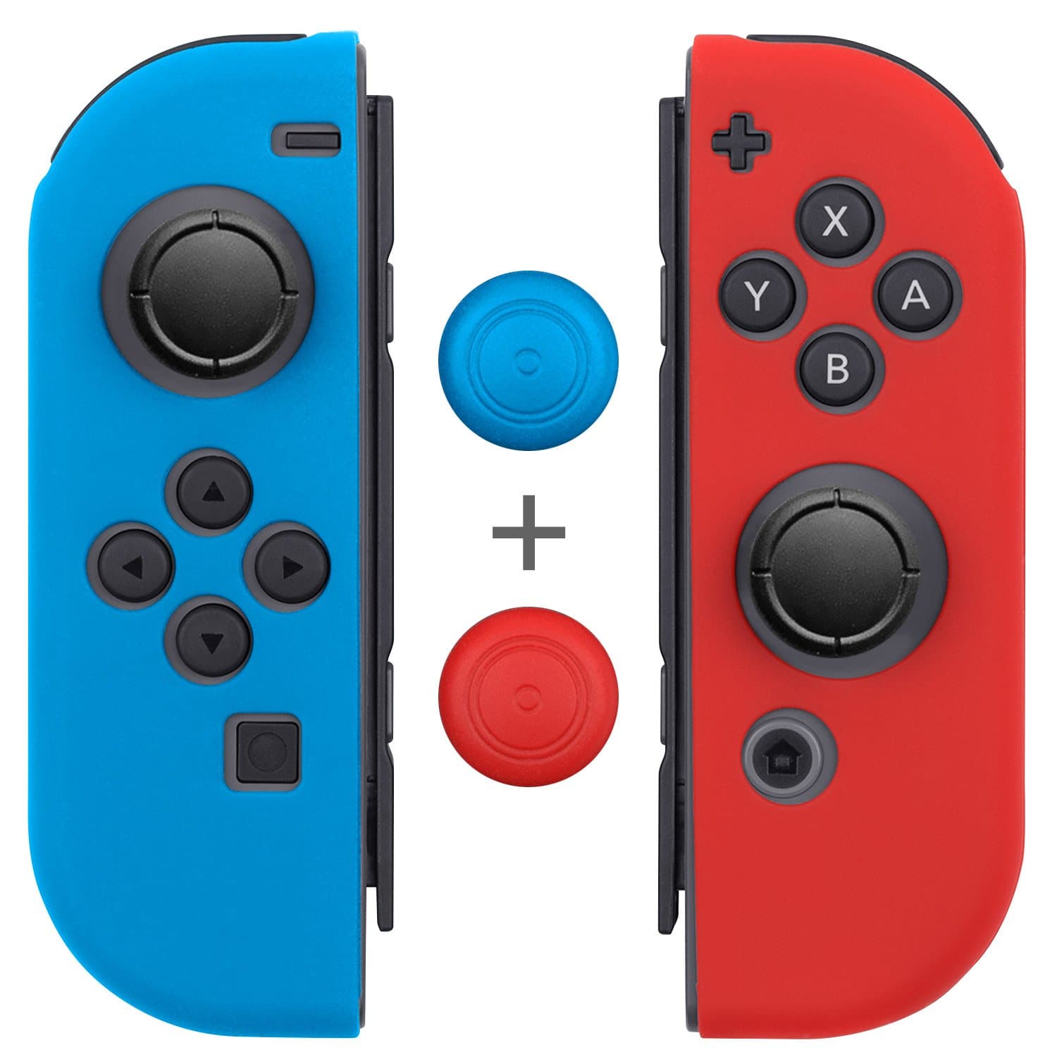Fosmon (1 Pair / 4pcs Anti-Slip Silicone Skin Cover L/R with Thumb Stick Grip Caps Compatible with Nintendo Switch Joy Con Controller (Blue/Red)