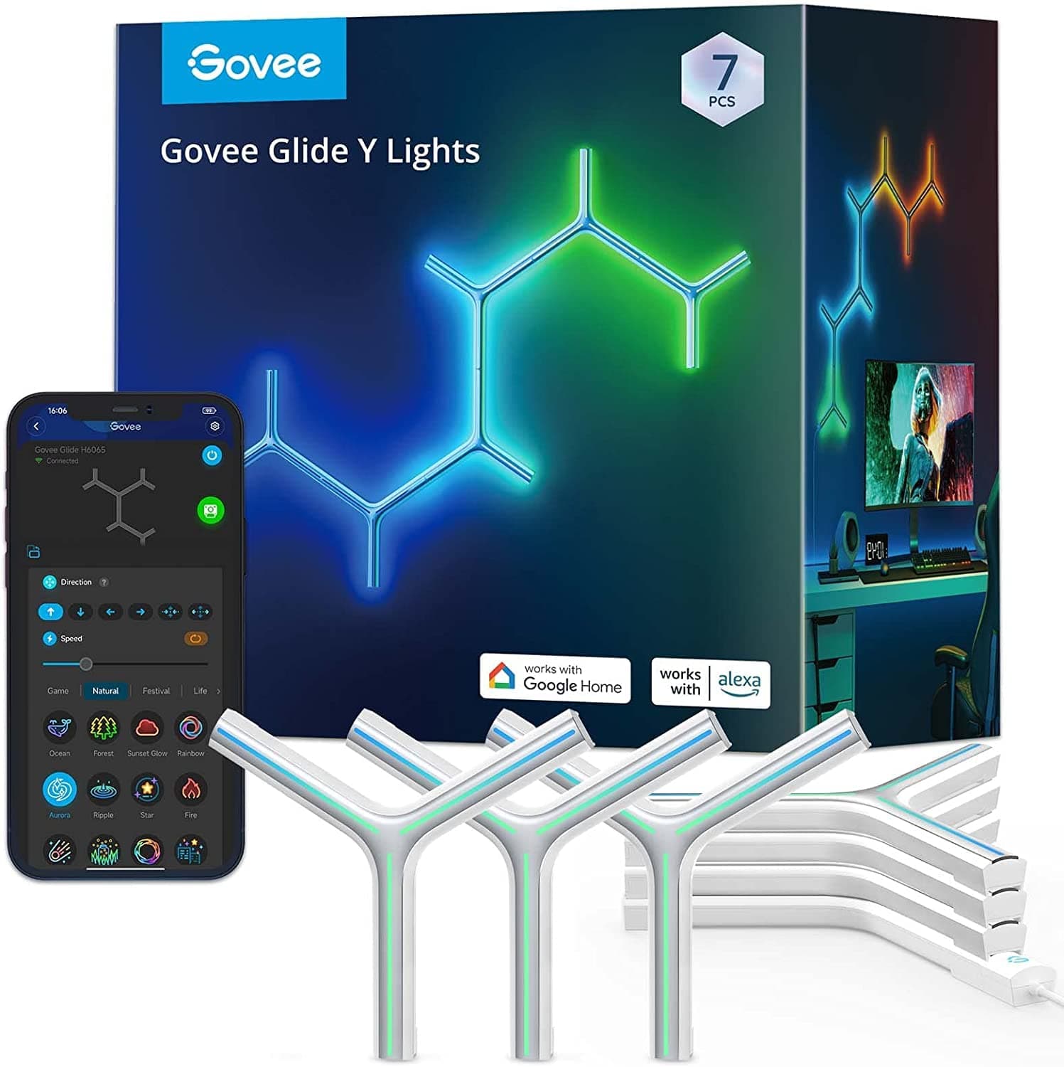 Govee Glide Y Wall Lights, RGBIC LED Gaming Lights, Smart Home Creative Decor Lamp with Music Sync & 40+ Sence Modes, Wi-Fi LED Wall Lamps for Gaming Room, Living Room, Bedroom, 7 Pack