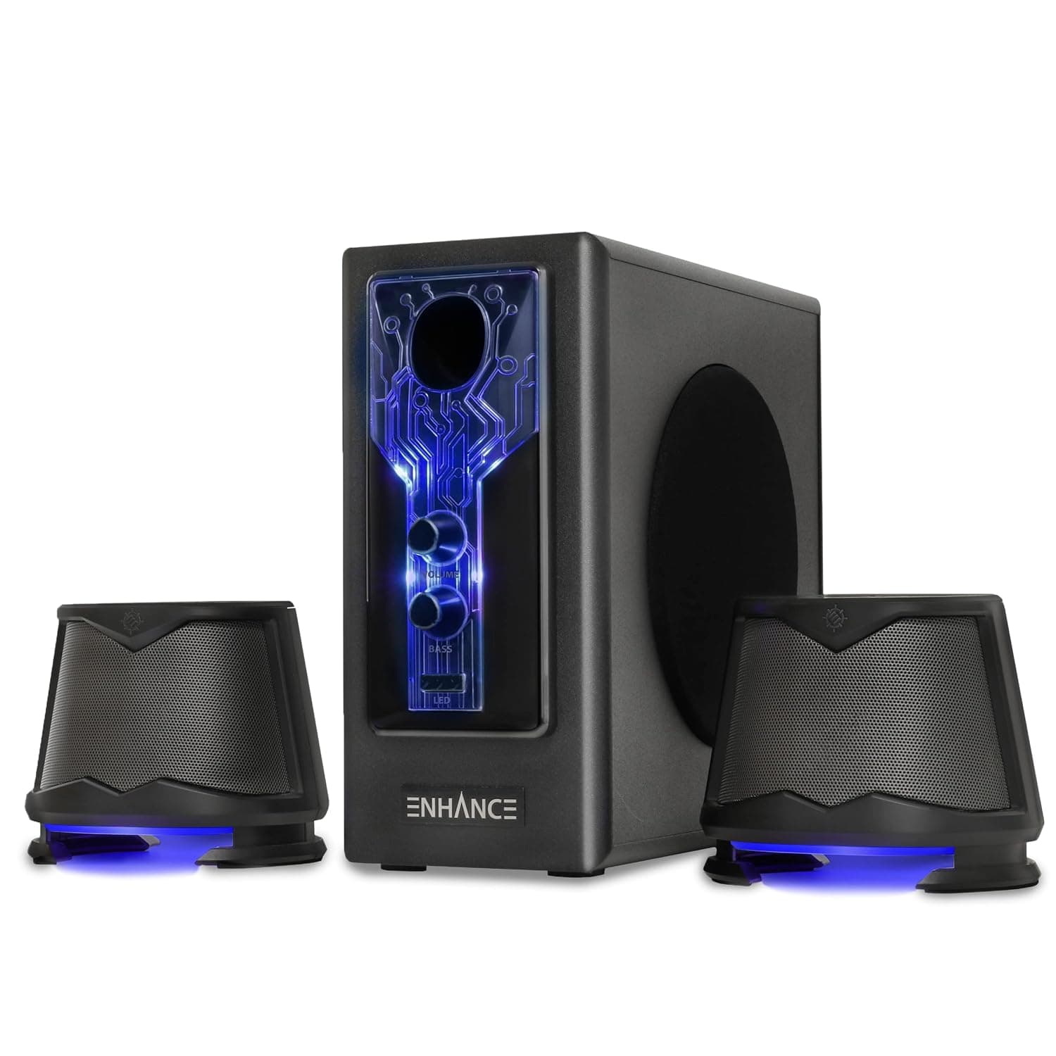 ENHANCE SB 2.1 Computer Speakers - Blue LED Computer Gaming Speakers with Subwoofer, High Excursion Sound System, Volume and Bass Control, Compatible with Gaming PC, Desktop, Laptop