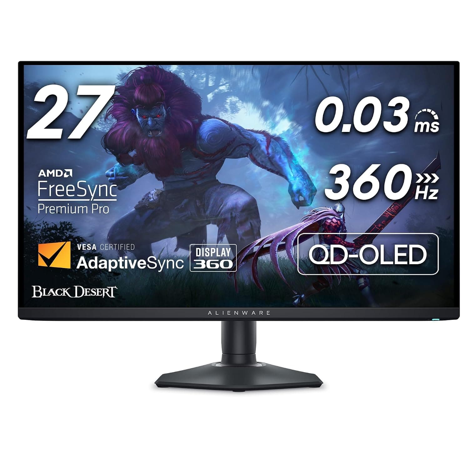 Alienware 27 Gaming Monitor - AW2725DF, QHD (2560x1440), 360Hz, QD OLED | 0.03ms, AMD FreeSync Premium Pro, 99.3% DCI-P3, HDR400, USB-C, 2 DisplayPort, HDMI, 4 USB, 3 Year Warranty