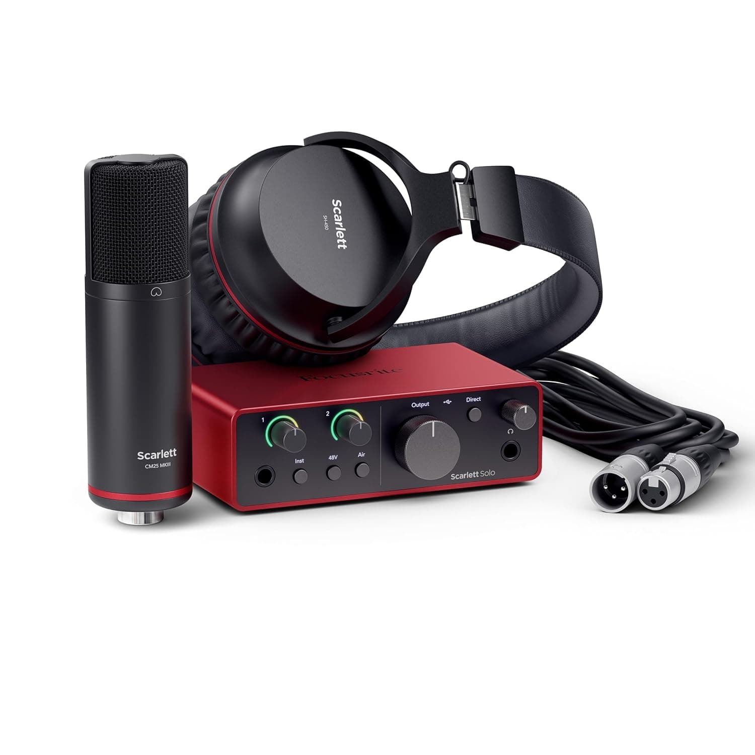 Focusrite Scarlett Solo Studio 4th Gen USB-C Audio Interface Bundle | 1 XLR Mic Preamp, 1 Hi-Z Instrument Input, 24-Bit/192kHz, 120dB, CM25 MkIII Mic, SH-450 Headphones, Windows/Mac/iPad