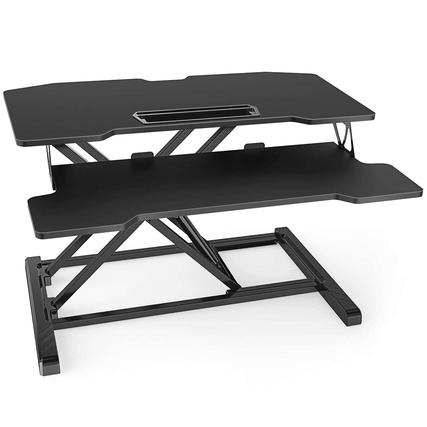 Fenge 2 Tiers Standing Desk Converter 80x40cm Height Adjustable Sit Stand Desk Riser with Organizer Slot and Phone Holder fit Dual Monitors,Black