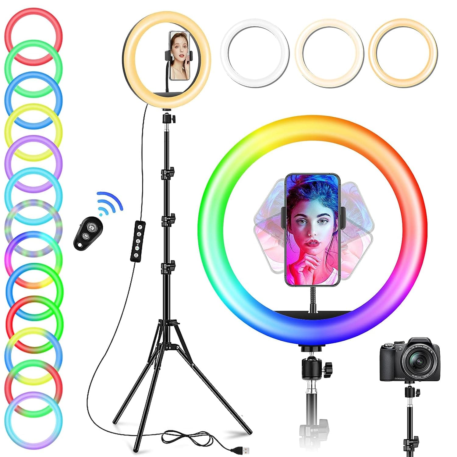10" Desktop RGB LED Ring Light with Tripod Stand, Dimmable Colour Changing Colorful Lamp Phone Holder Clip Tabletop Selfie Ringlight for Make Up/YouTube Live Streaming Video Kit